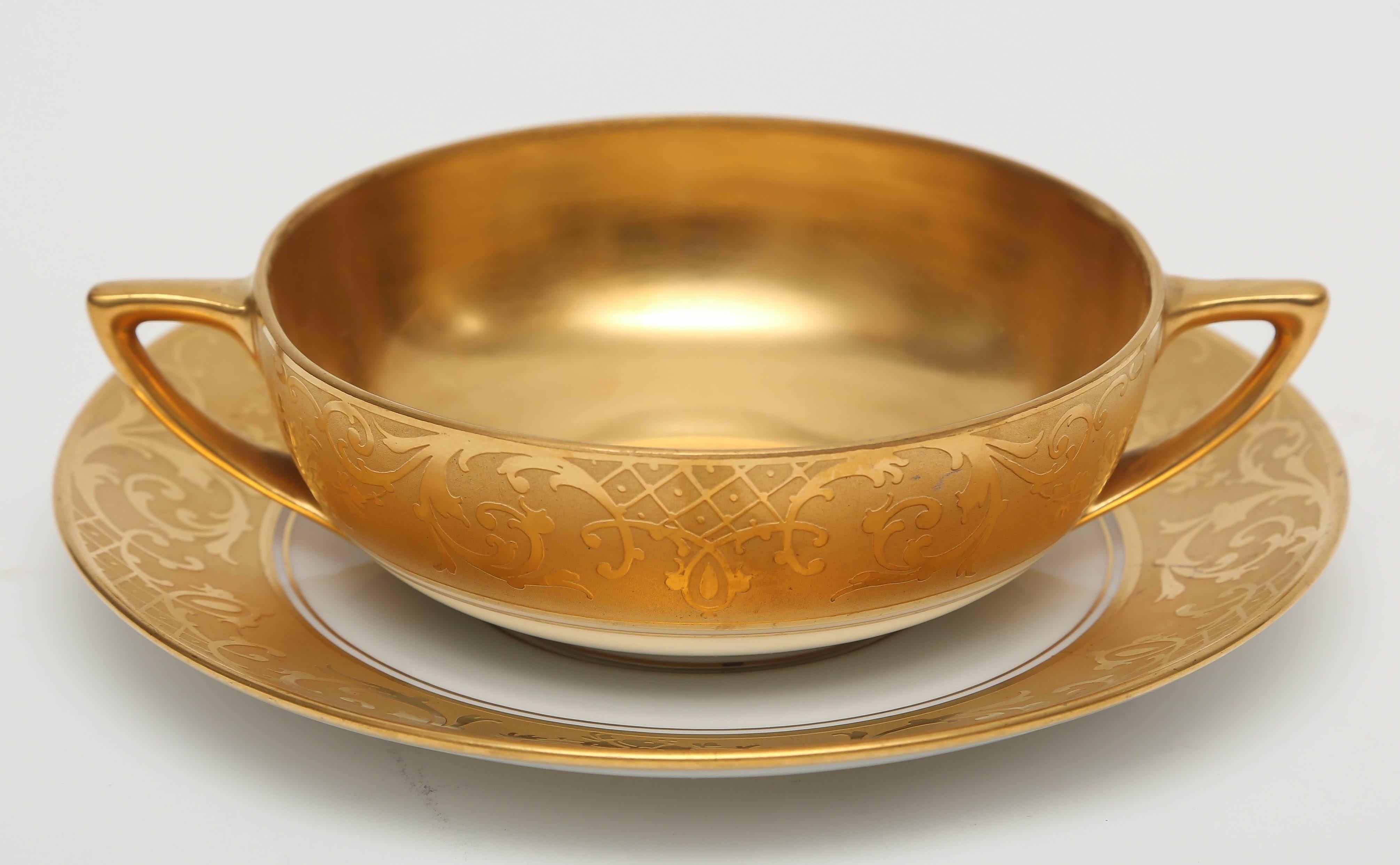 Hand-Crafted Antique Gilt Encrusted Service for 12 Decorated 24-Karat Gold by Pickard