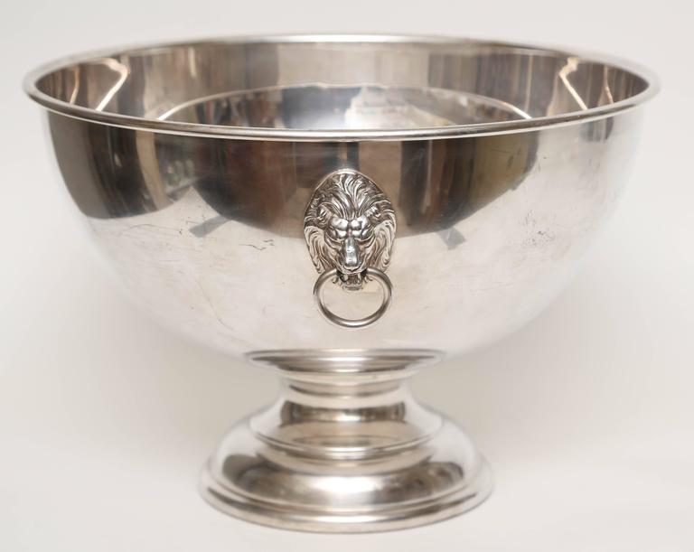 Pair of Antique Silver Plated Punch Bowls, Lion Head Handles For Sale