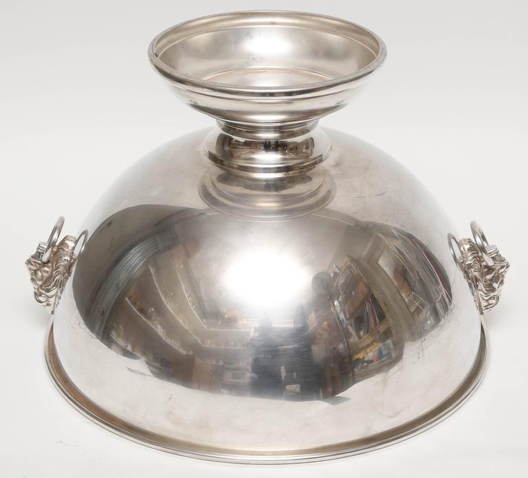 Pair of Antique Silver Plated Punch Bowls, Lion Head Handles For Sale