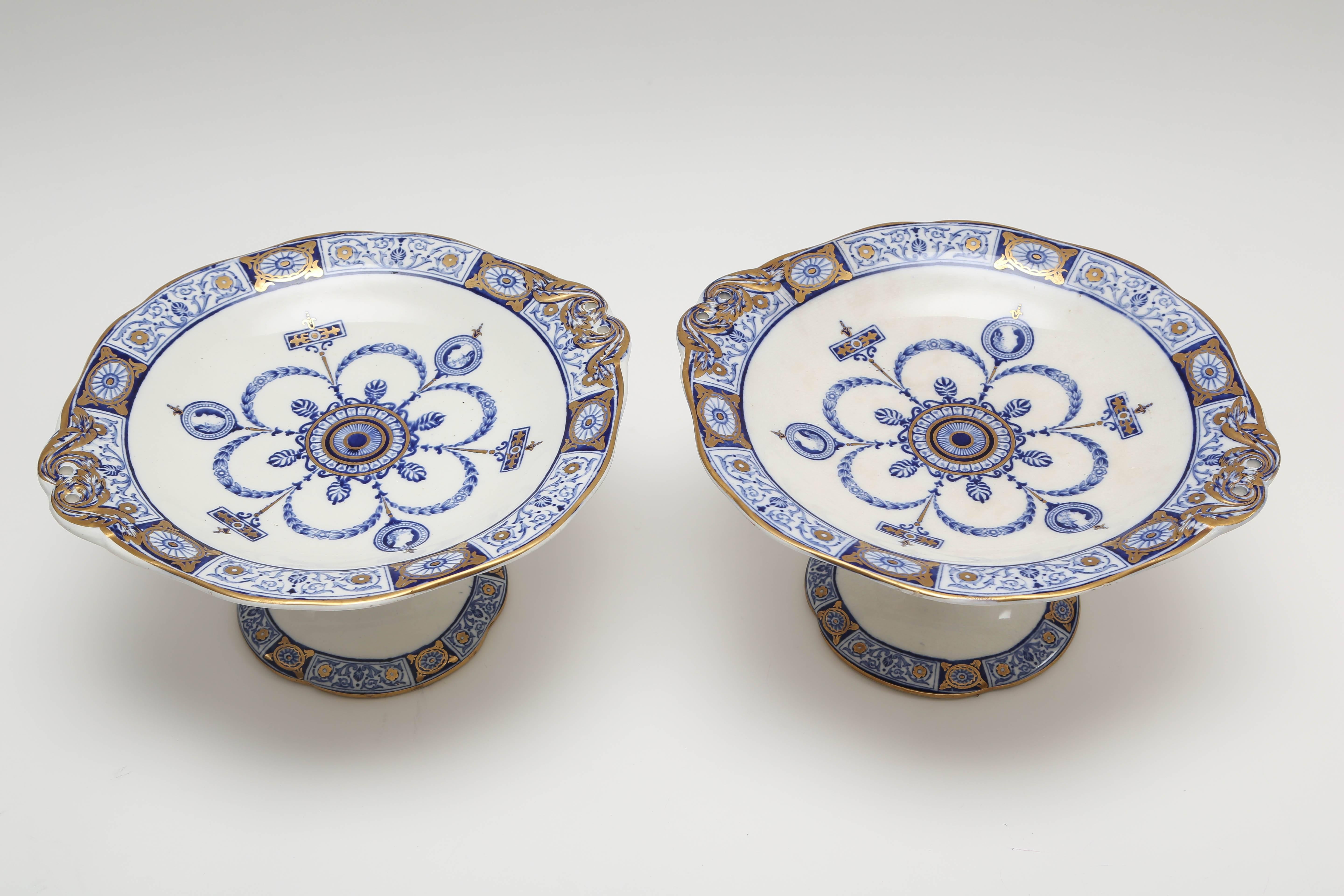 Aesthetic Movement Pair of 19th Century Wedgwood England Dessert Compotes or Tazzas, Blue and Gold