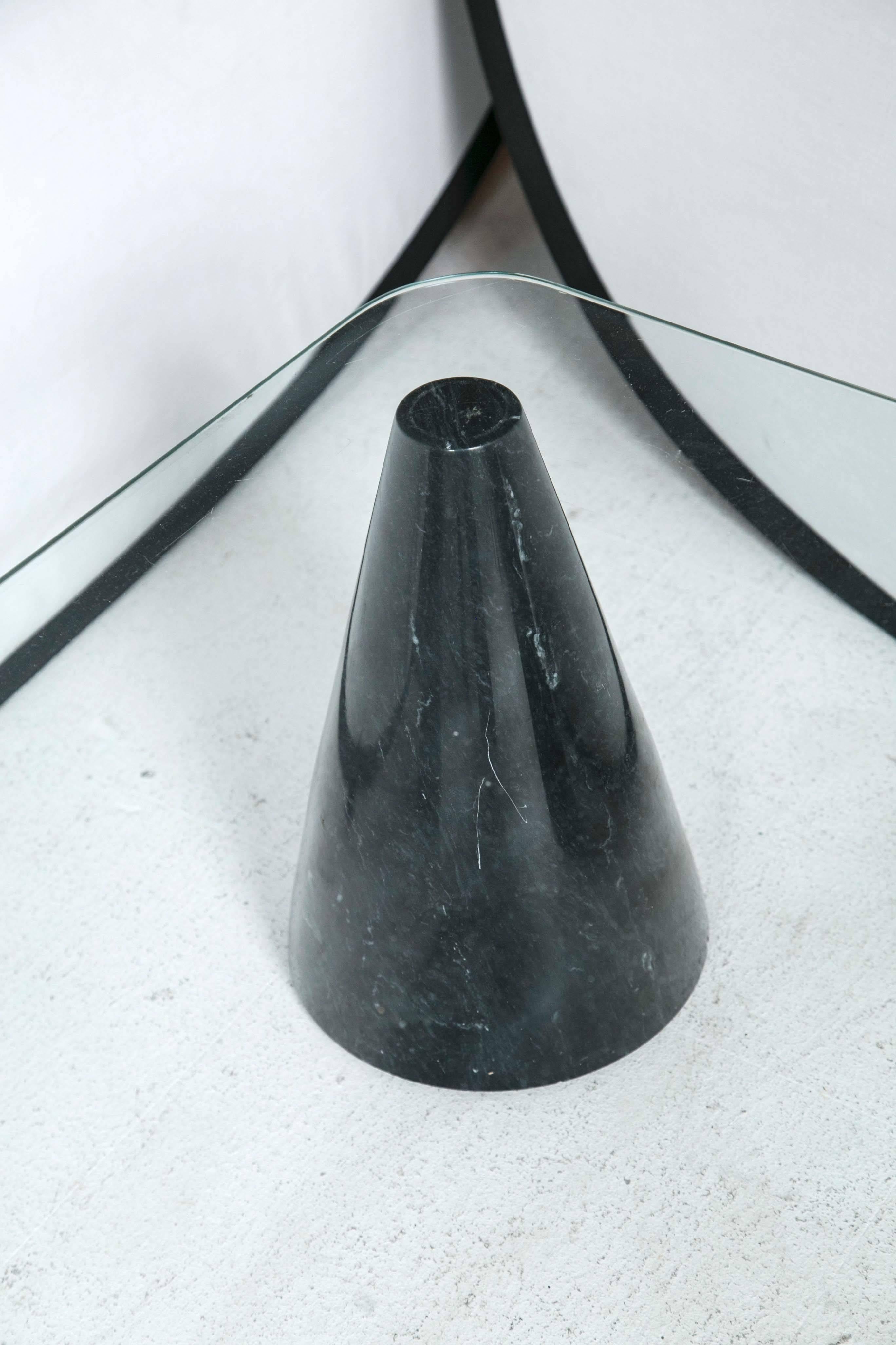 Glass Coffee Table with Geometric Marble Base In Excellent Condition In Stamford, CT