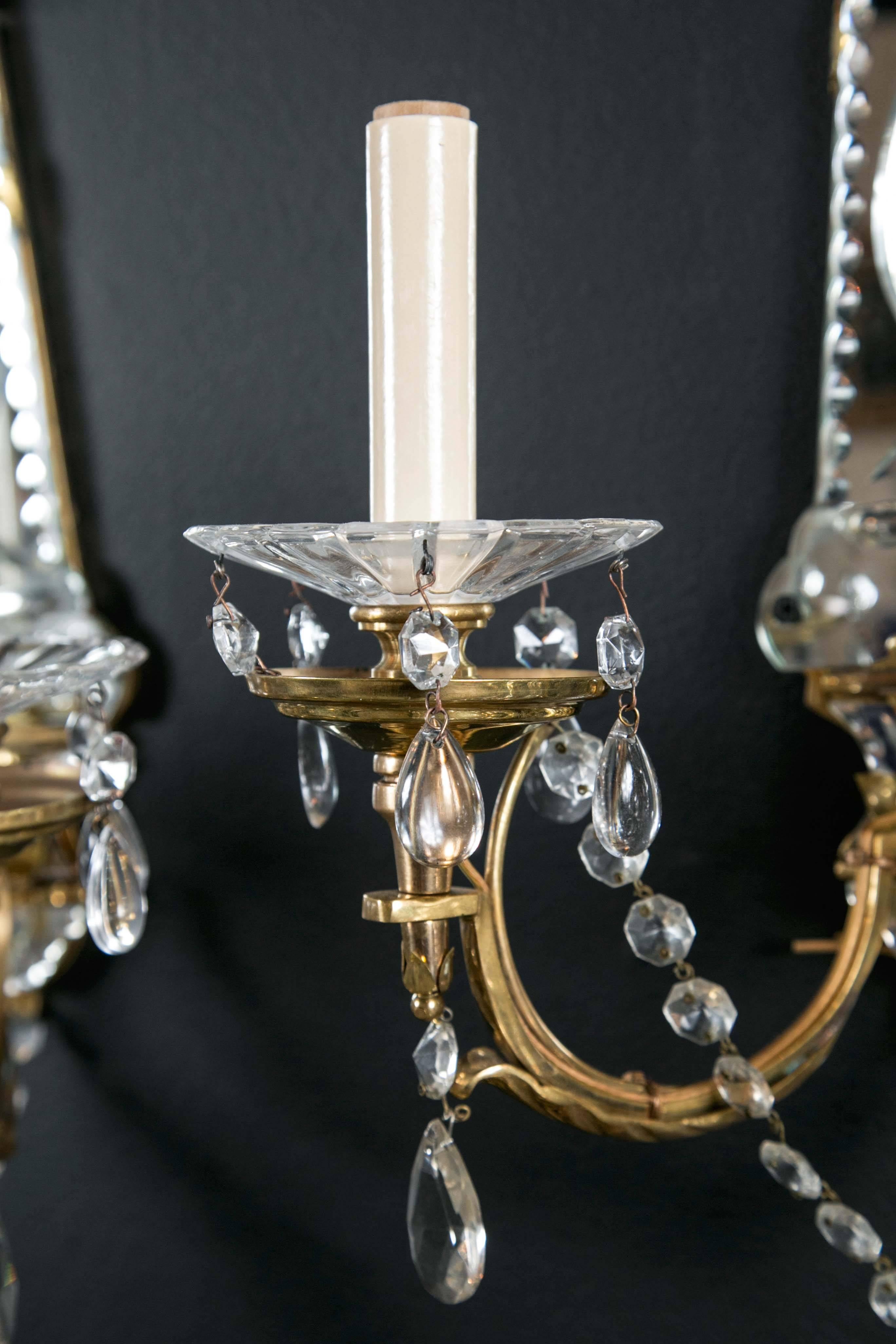 Set of Eight French Gilt Bronze Sconces with Etched Mirror Backplate In Excellent Condition For Sale In Stamford, CT