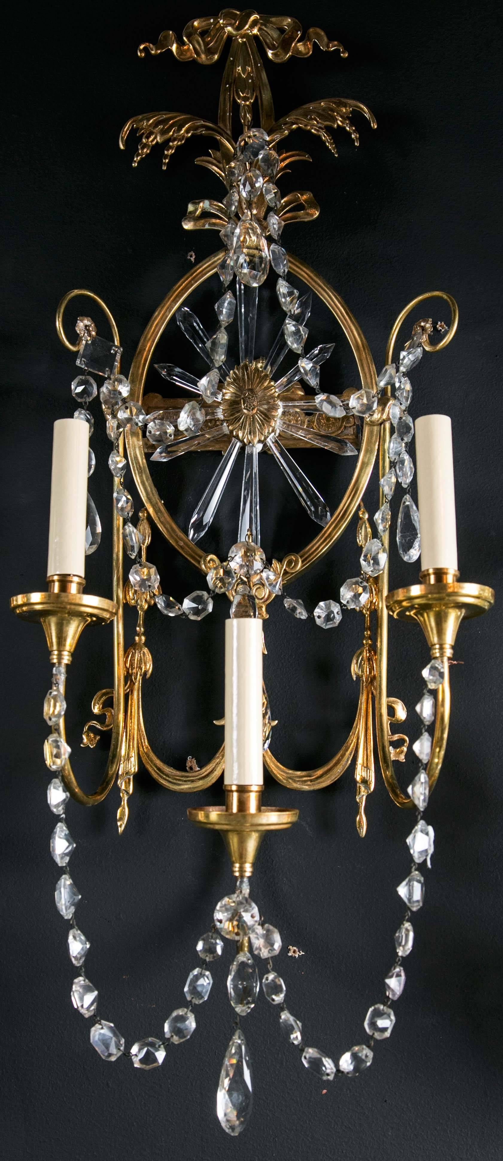 Pair of Large 1920 Caldwell Three-light Sconces with Sunburst Shaped Crystal In Excellent Condition For Sale In Stamford, CT