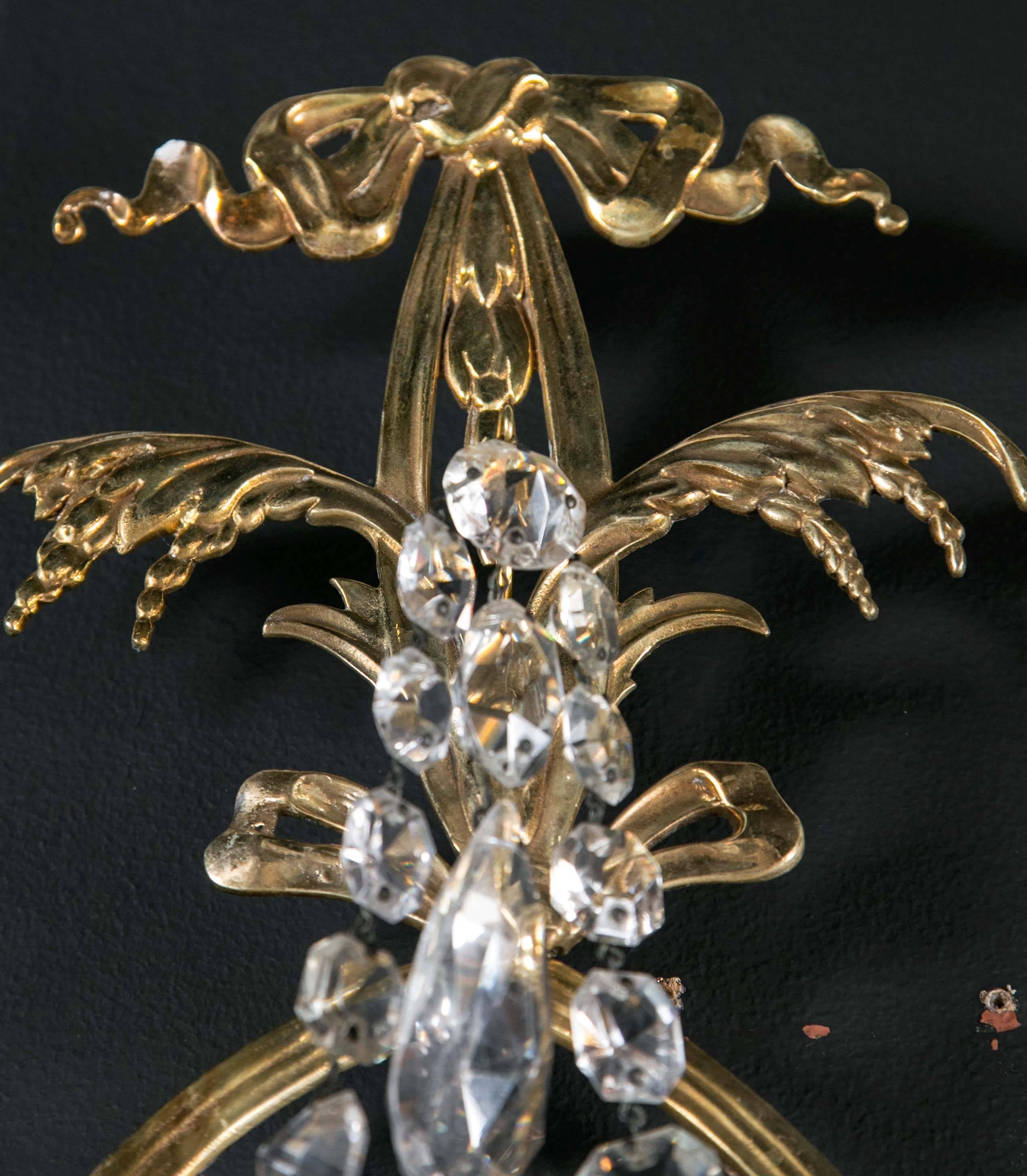 Pair of Large 1920 Caldwell Three-light Sconces with Sunburst Shaped Crystal For Sale 2