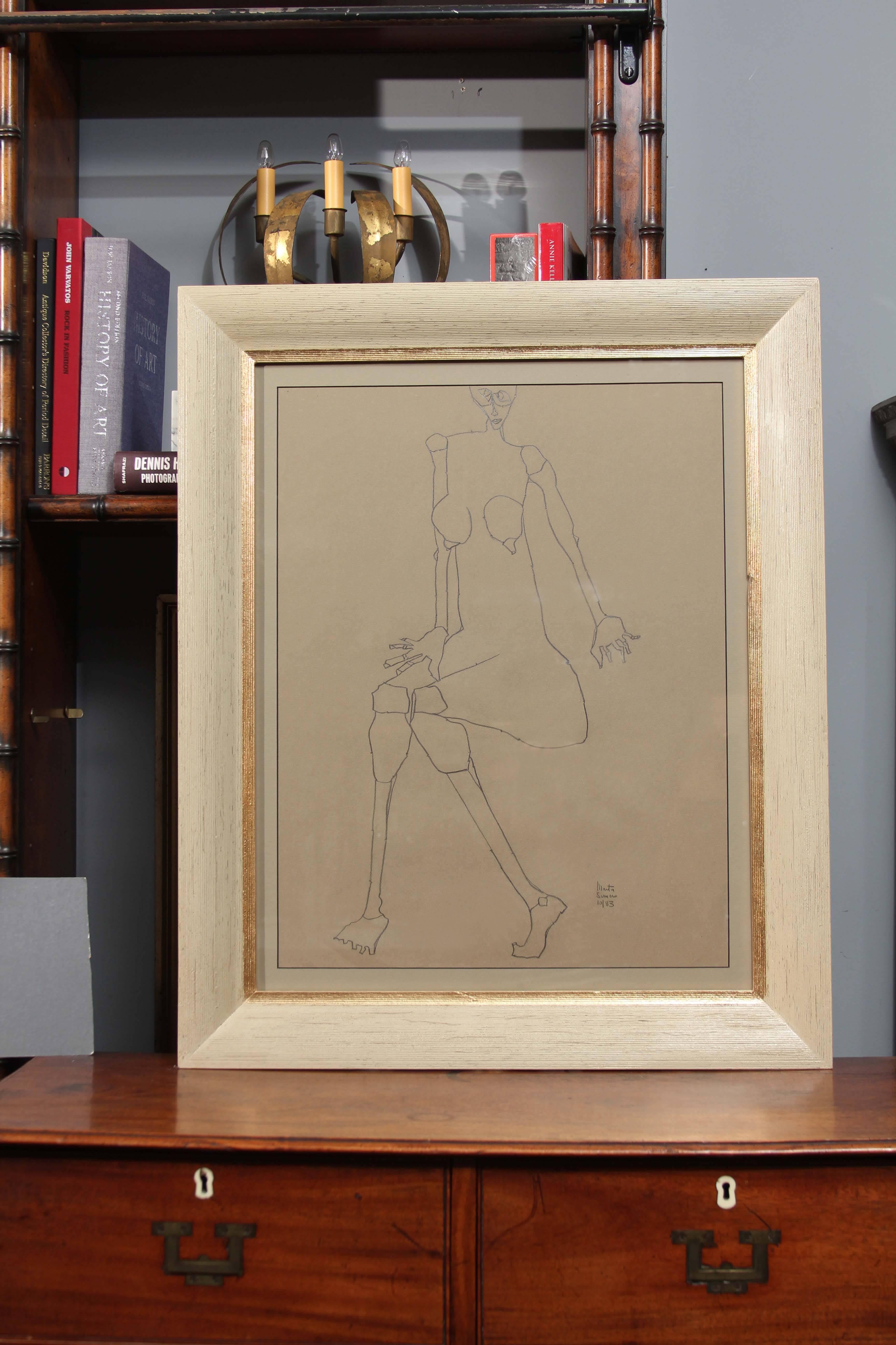 Signed and dated drawing on paper in vintage frame by artist Martin Sumers.