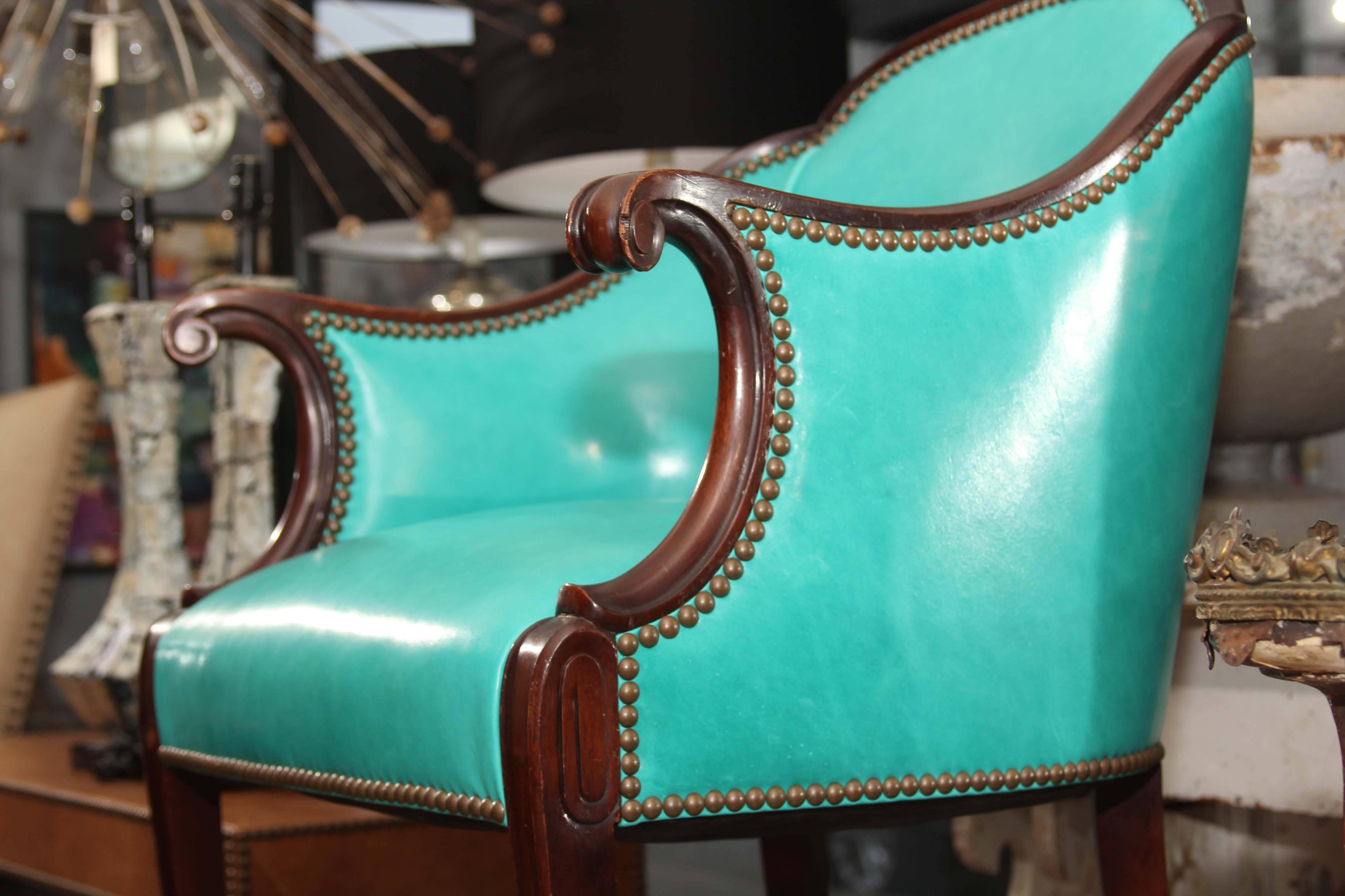 Antique Chair in Peacock Leather In Good Condition In Seattle, WA