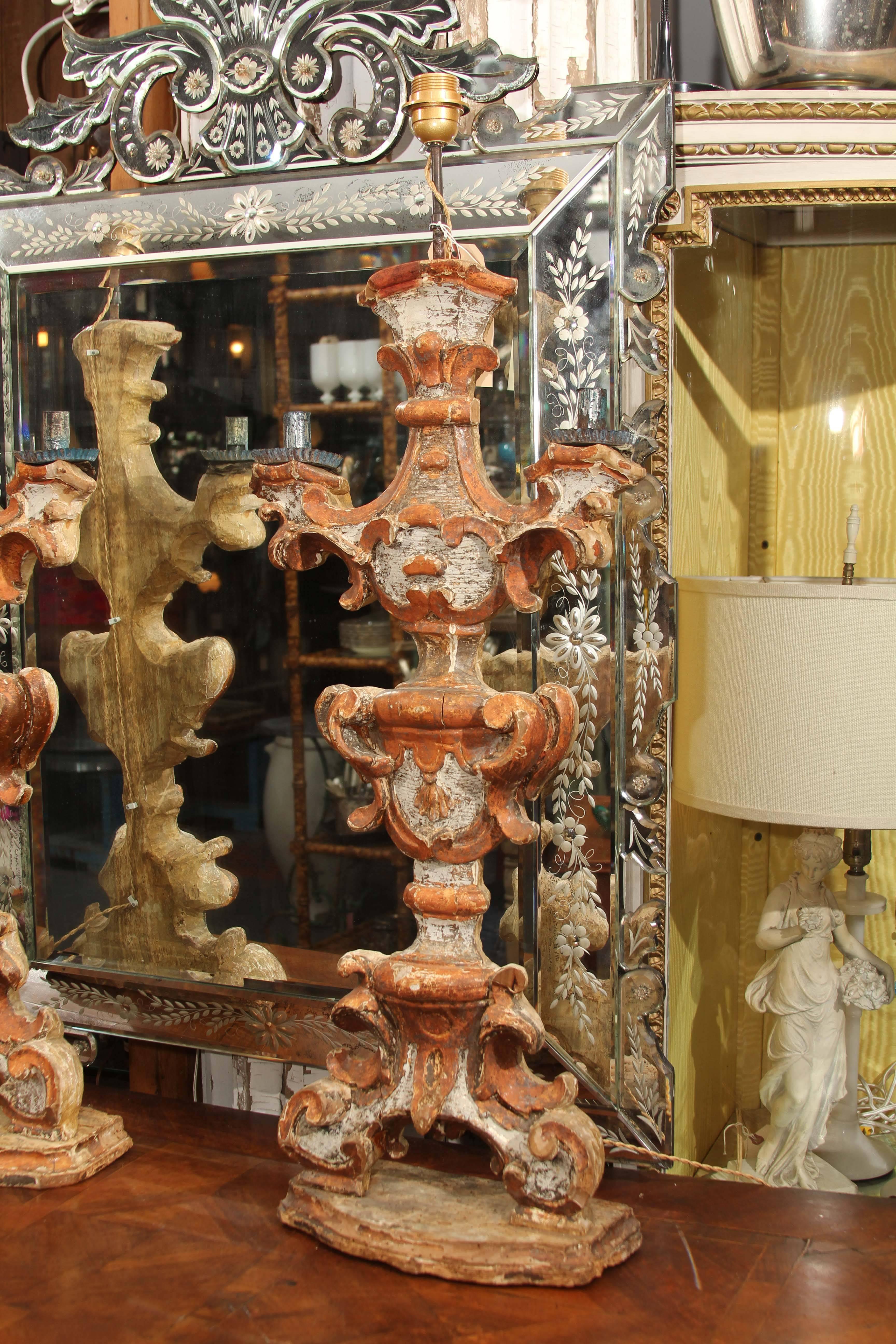 Pair of 18th Century  Italian Painted Wood Candlesticks as Lamps In Good Condition In Seattle, WA