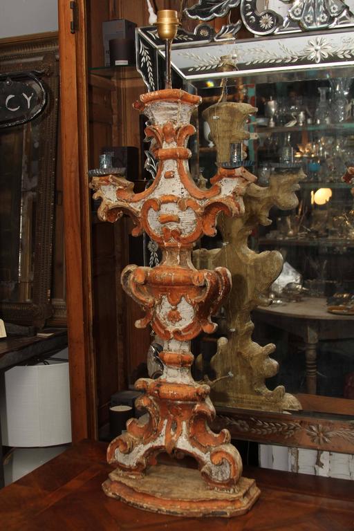 18th Century and Earlier Pair of 18th Century  Italian Painted Wood Candlesticks as Lamps