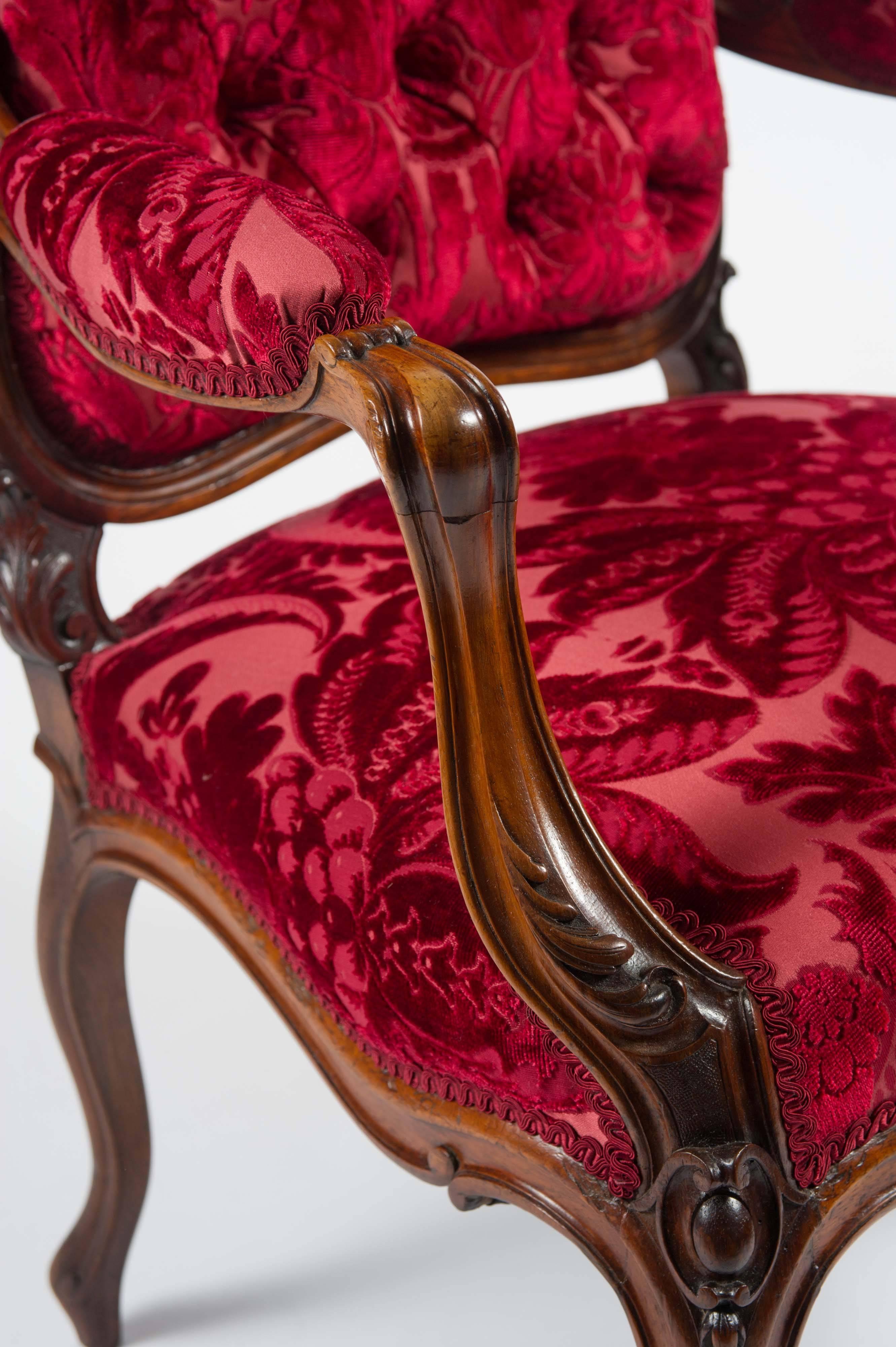 Damask Mid-19th Century Carved Rosewood Open Armchair in the French Style