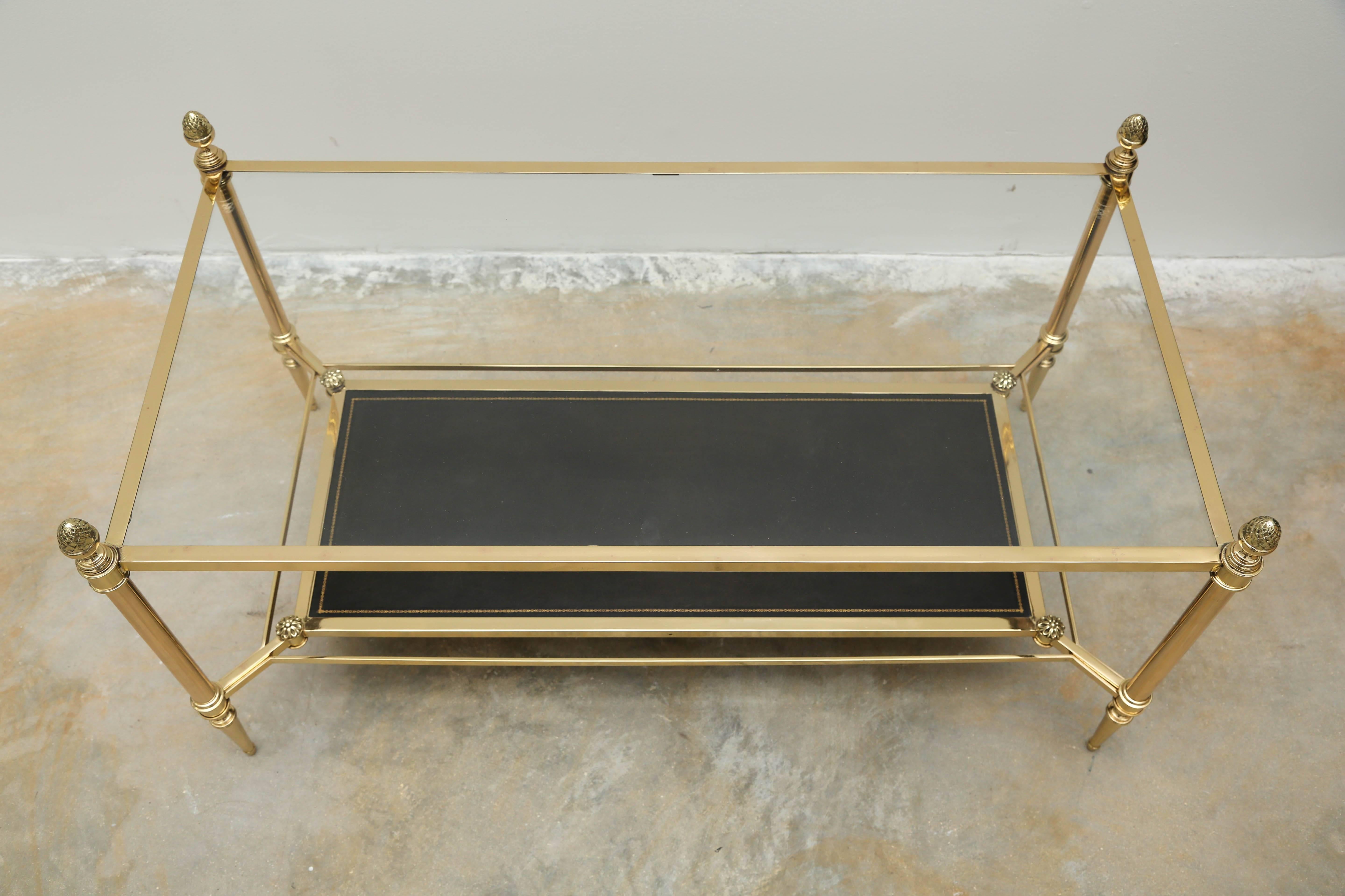 Mid-Century Modern Mid-Century Double Tray Coffee Table by Maison Jansen, Bronze, Glass and Leather
