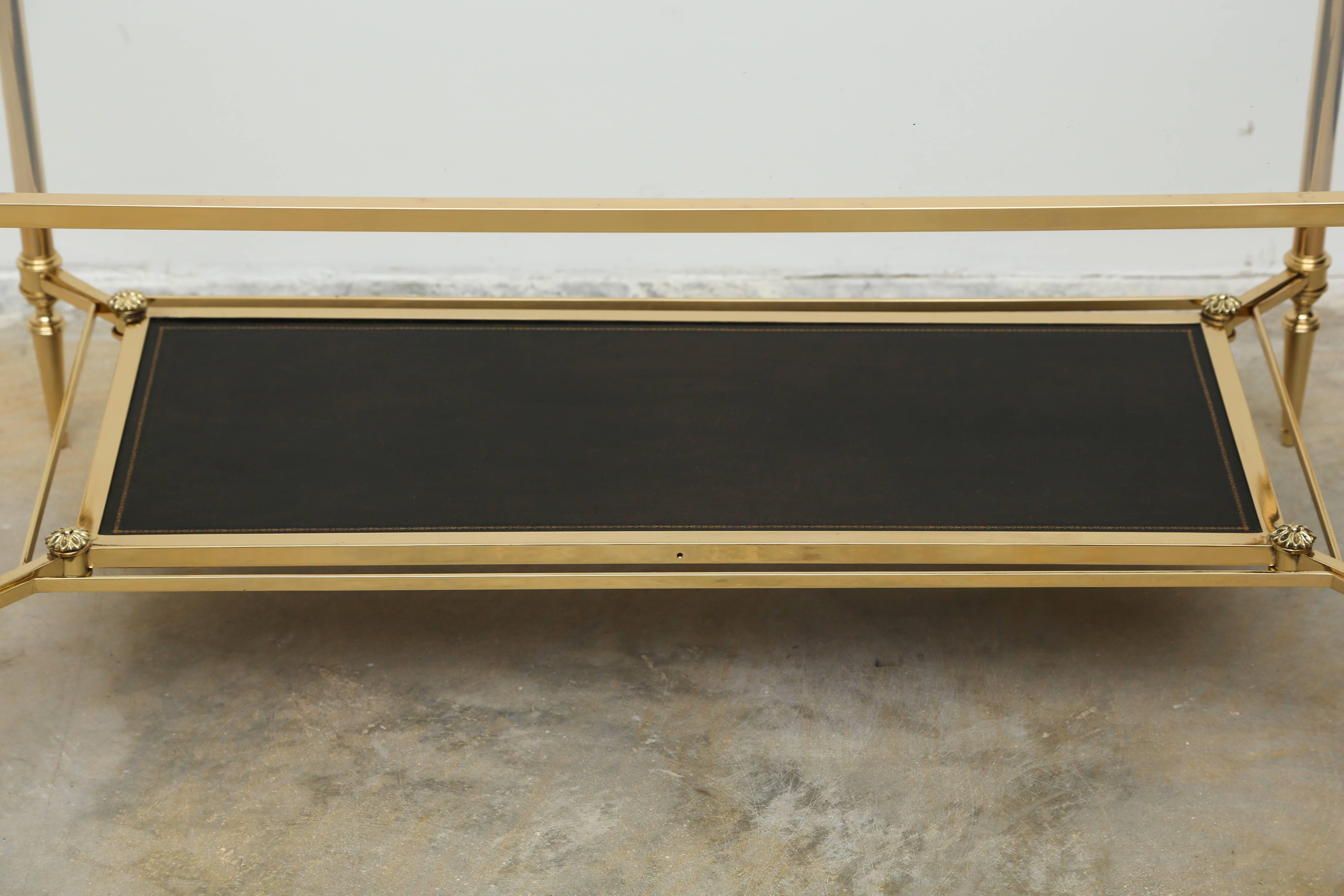 French Mid-Century Double Tray Coffee Table by Maison Jansen, Bronze, Glass and Leather
