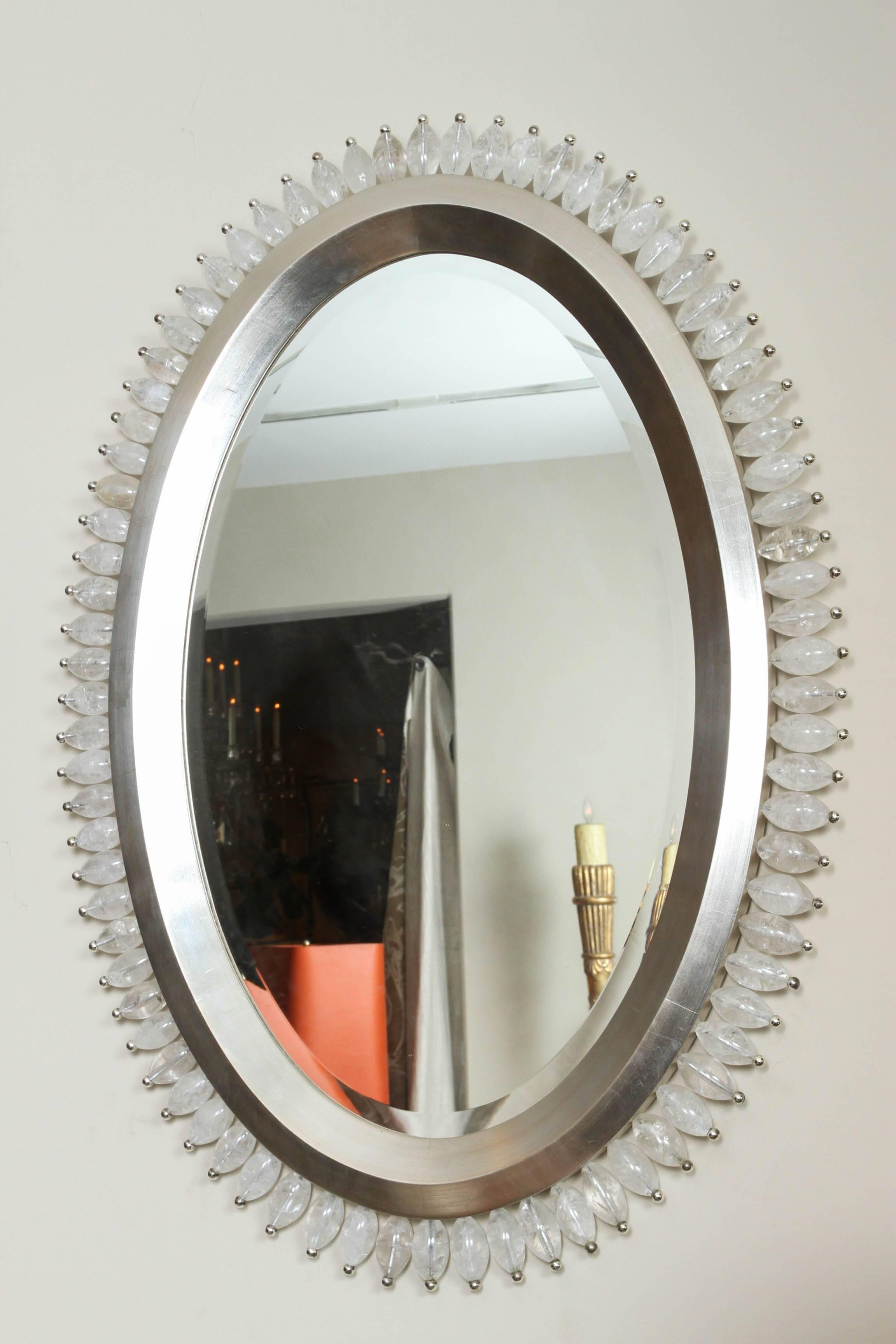 White Gold and Rock Crystal Oval Mirror  In Excellent Condition In Los Angeles, CA
