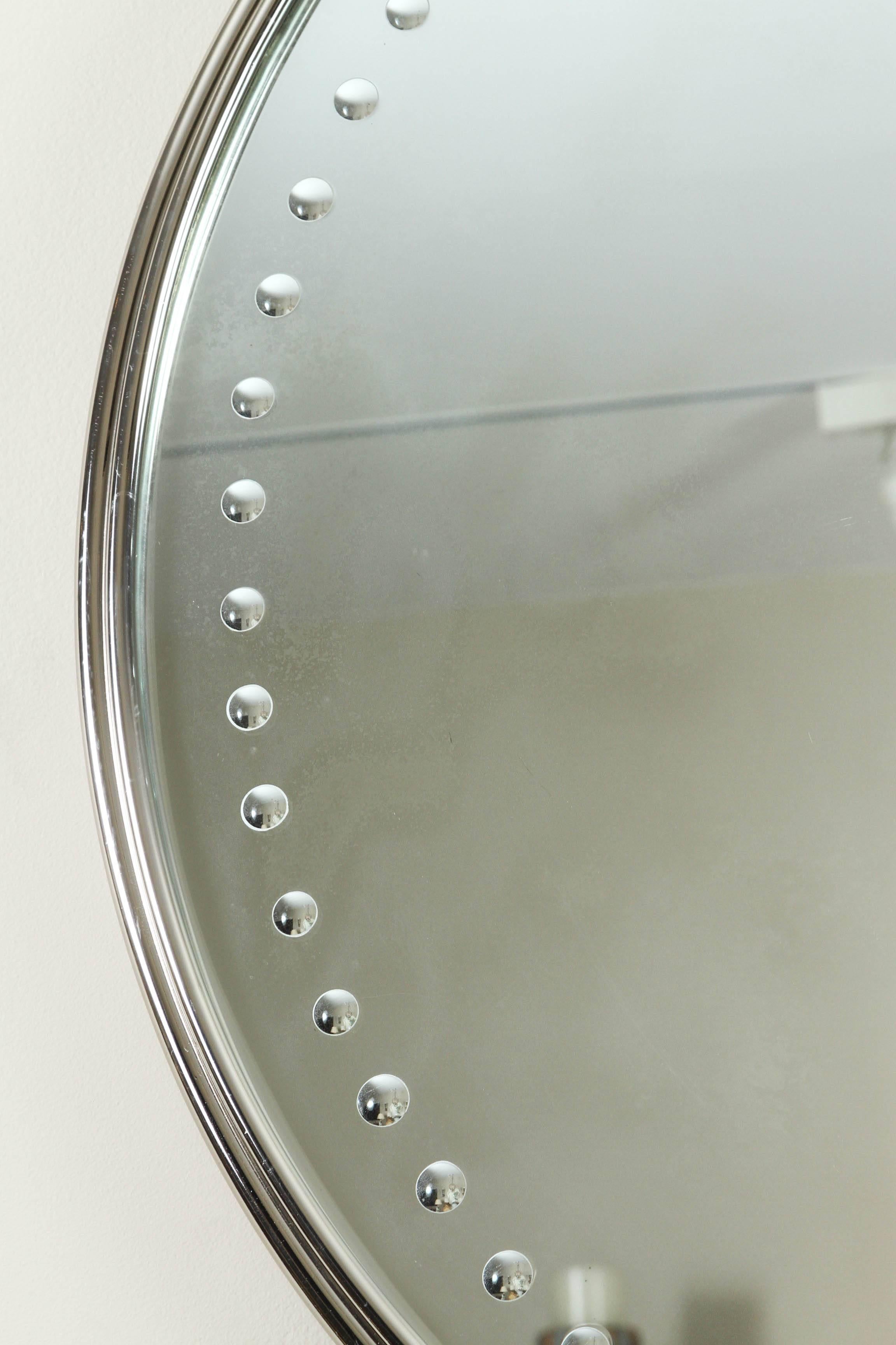 Mid-Century Modern Impressively Scaled Round Mirror with Antique Silver Finish Deco /Modern 