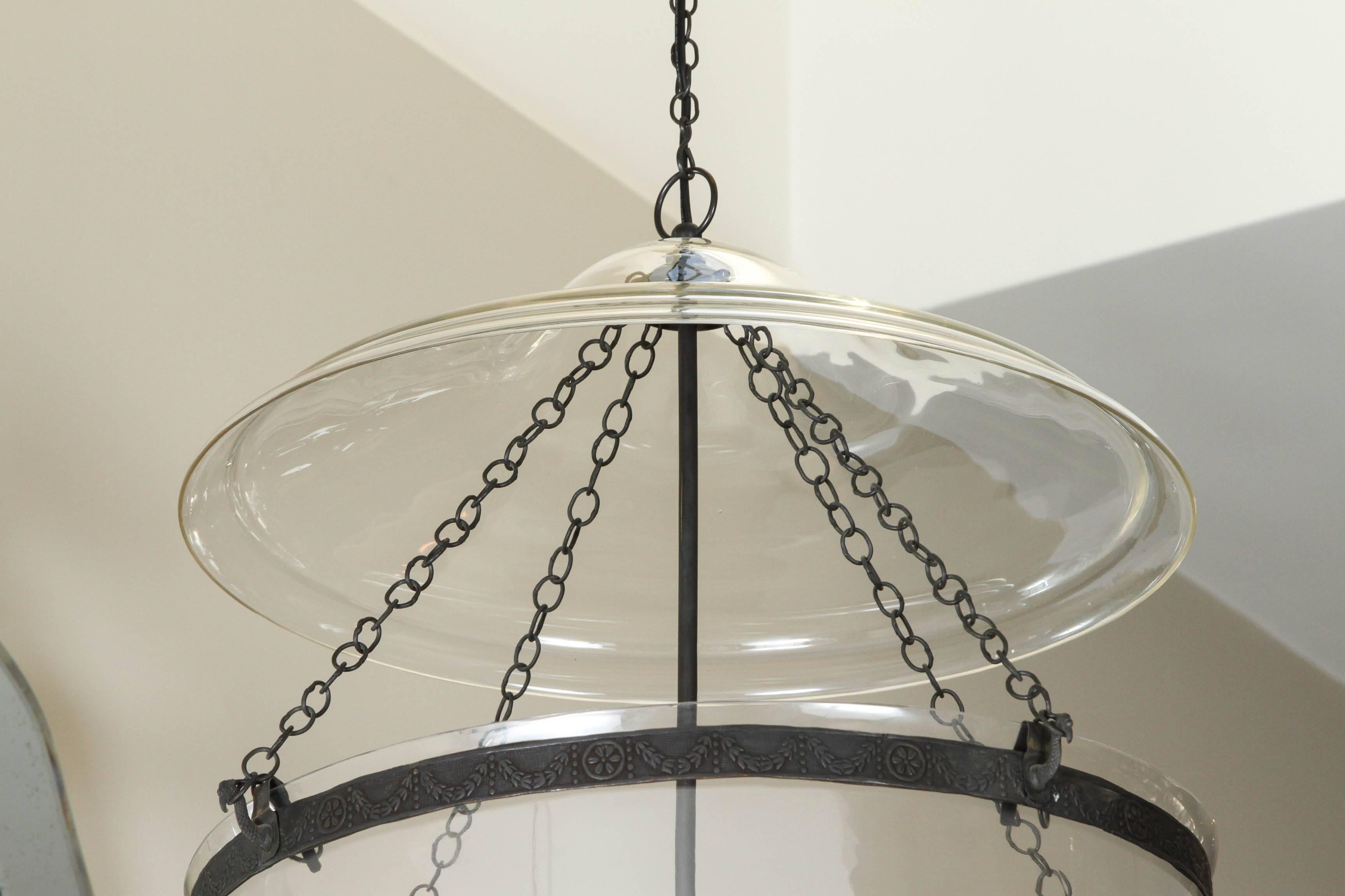 Very large hundi/bell jar fixture with etched Greek Key design. PLEASE NOTE: Parcel Delivery is not an option for this item. White Glove or Front Door Freight required.
 