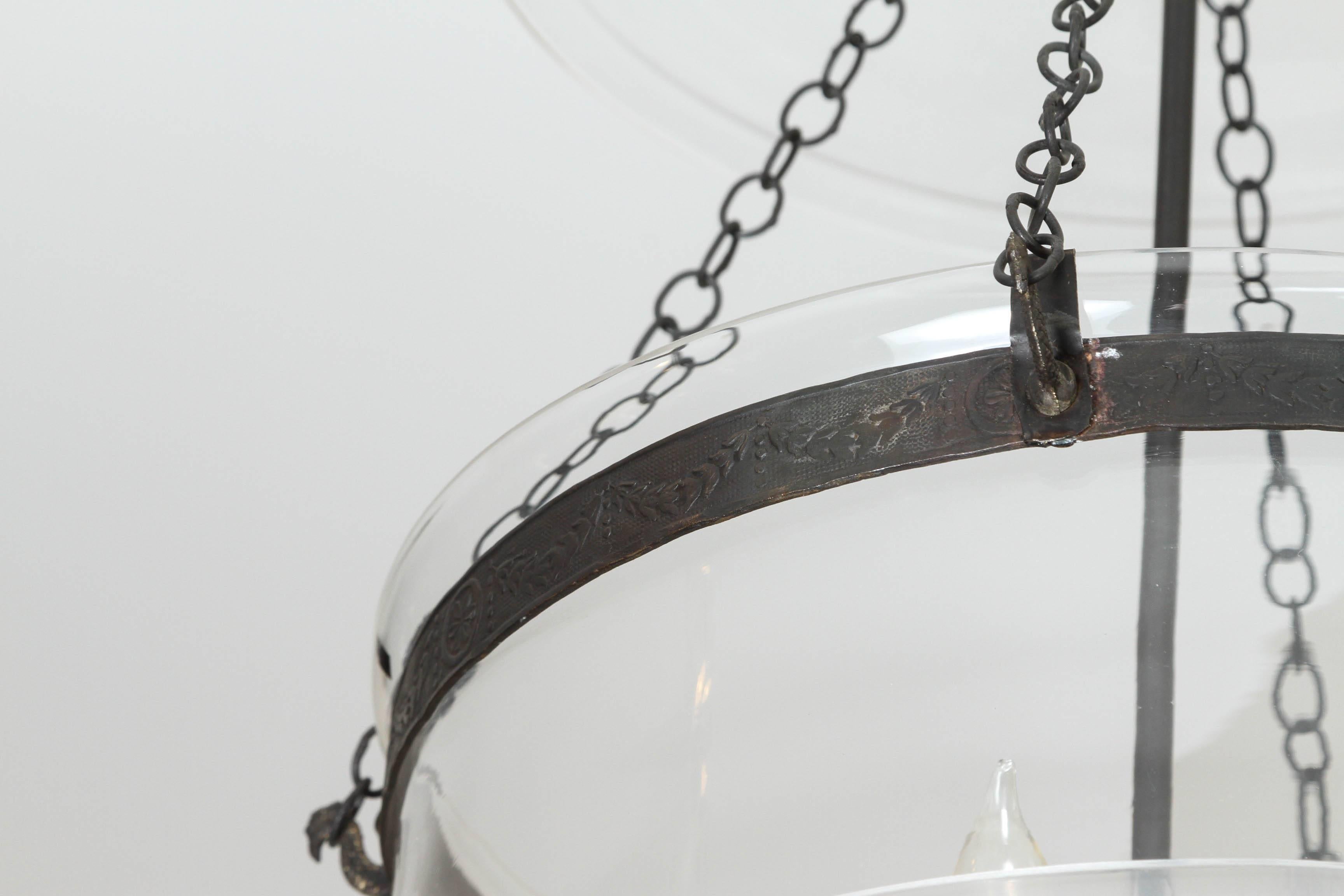 Contemporary Lare Hundi/Bell Jar Fixture with Etched Greek Key Design