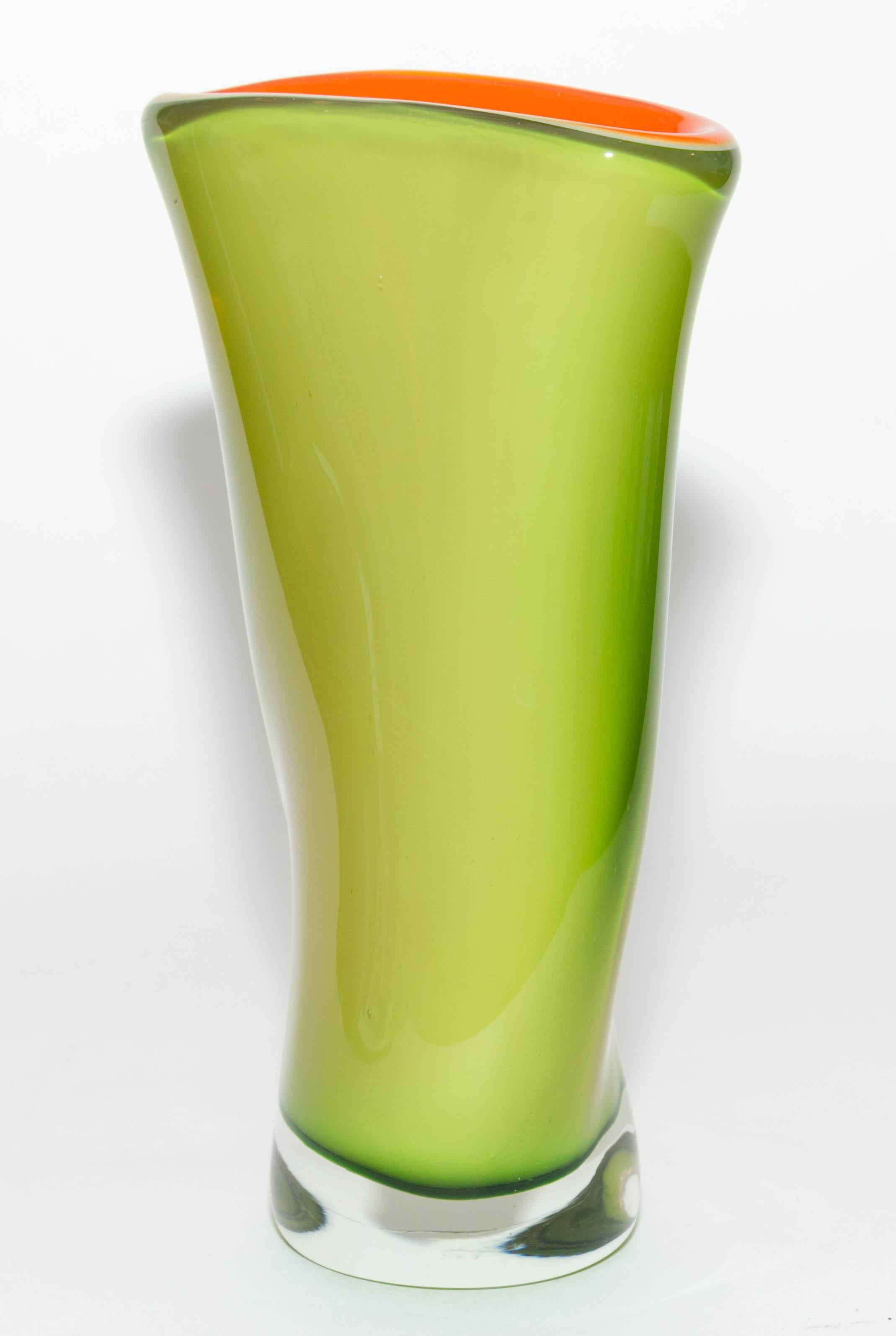 Mid-Century Modern Green and Orange Asymmetrical Murano Glass Vase