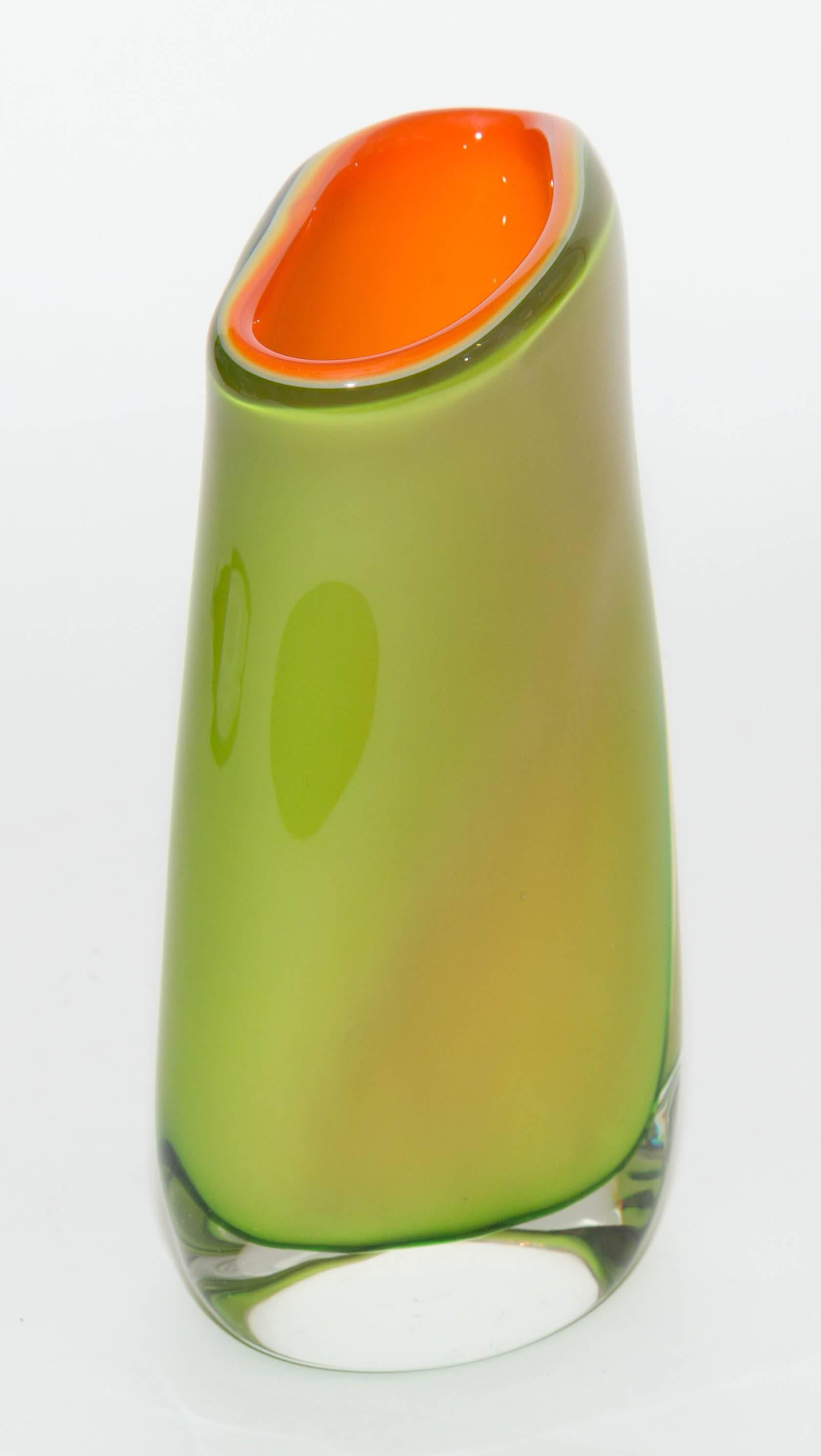Italian Green and Orange Asymmetrical Murano Glass Vase