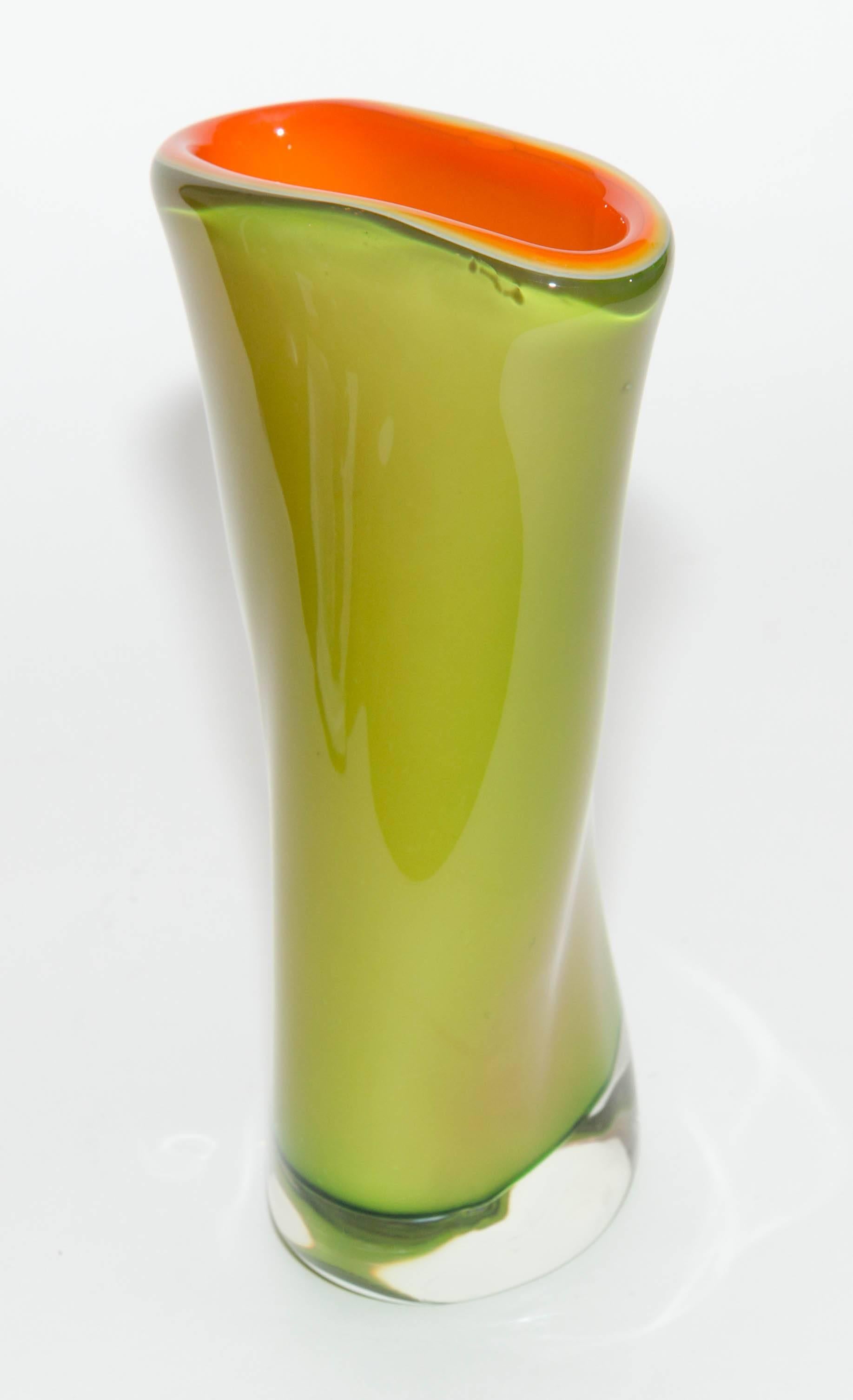 Green and Orange Asymmetrical Murano Glass Vase In Excellent Condition In Bridgehampton, NY