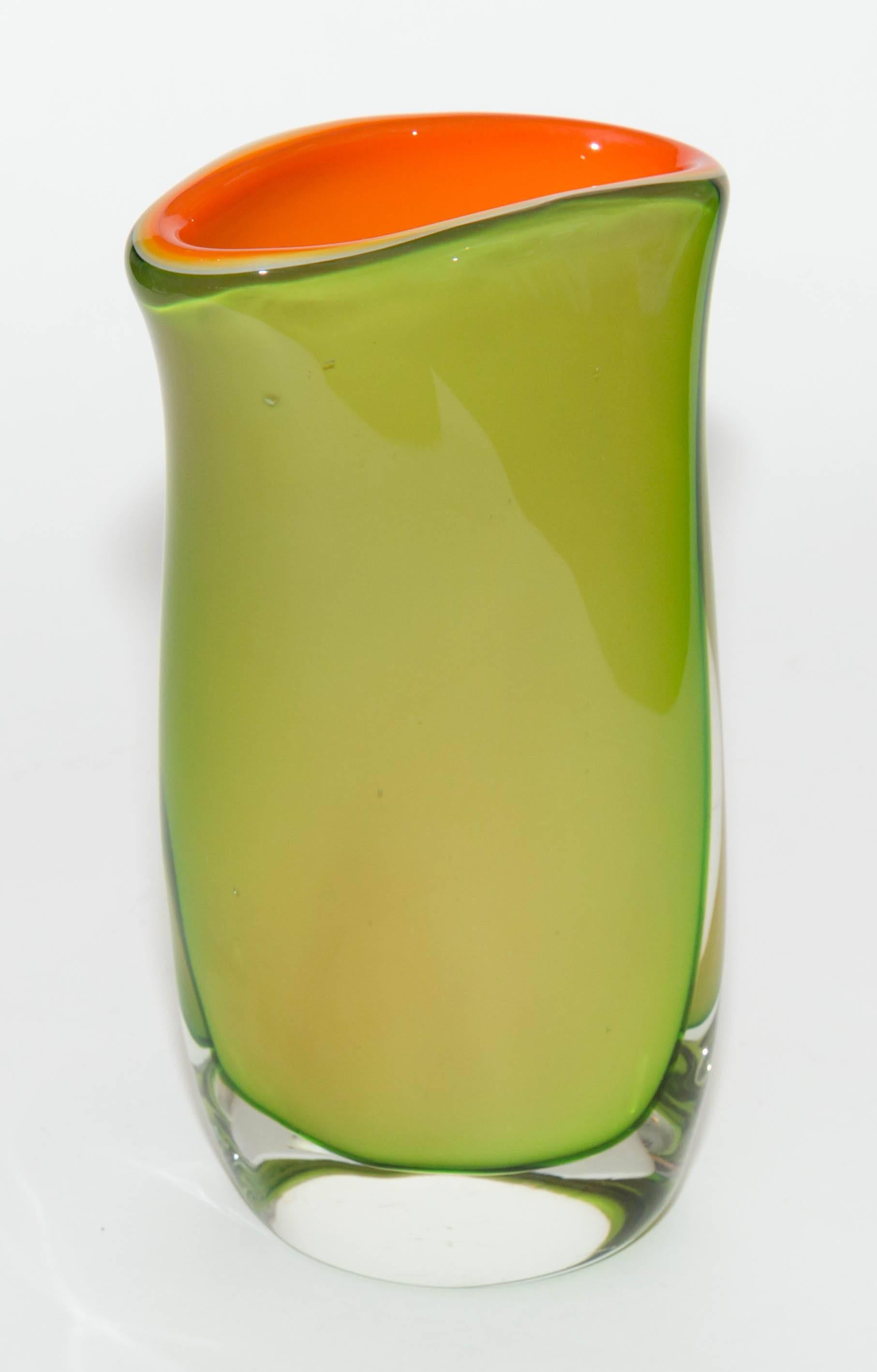 20th Century Green and Orange Asymmetrical Murano Glass Vase