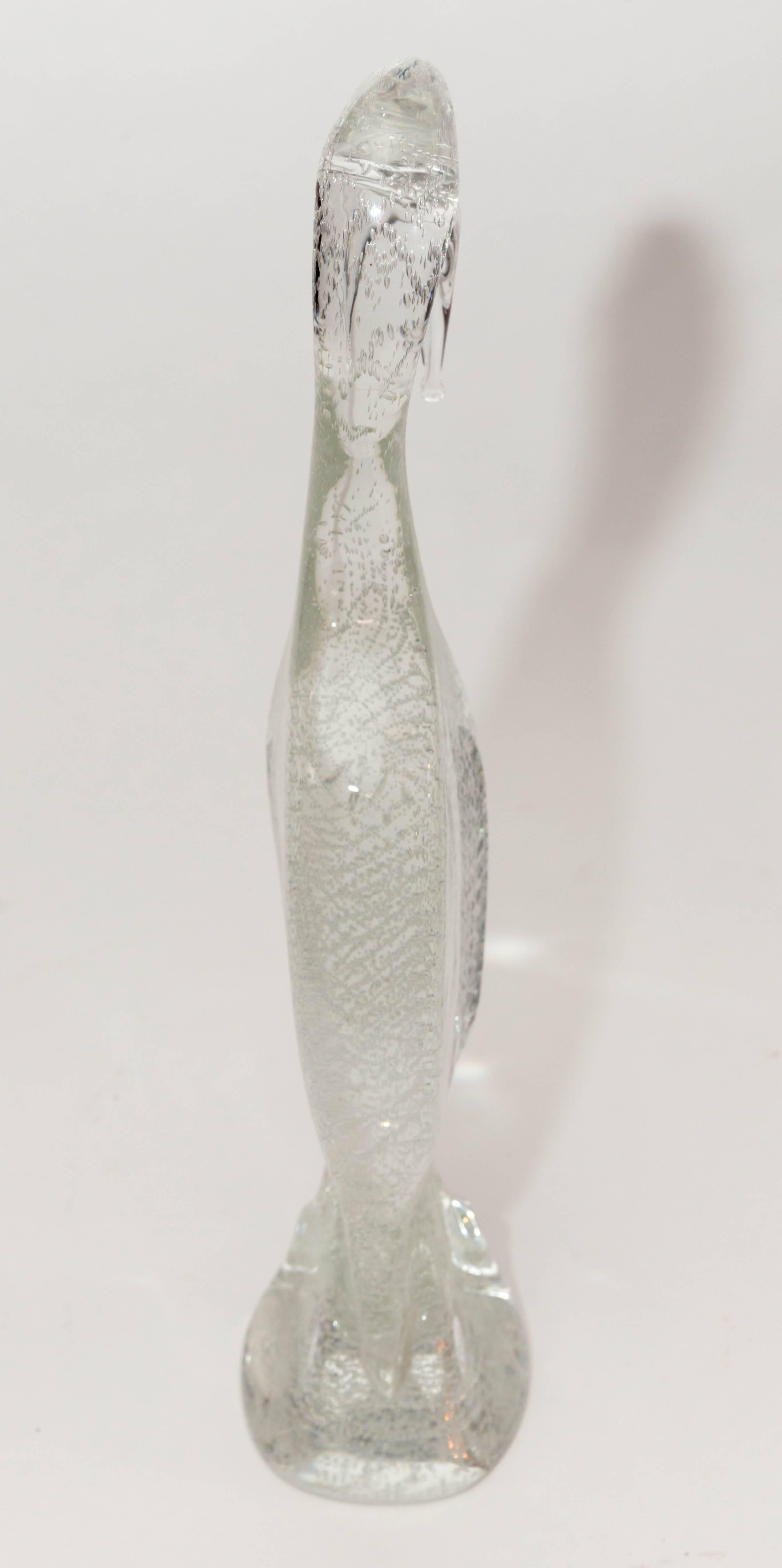 Mid-Century Modern Clear Murano Glass Crane with Inclusive Air Bubbles