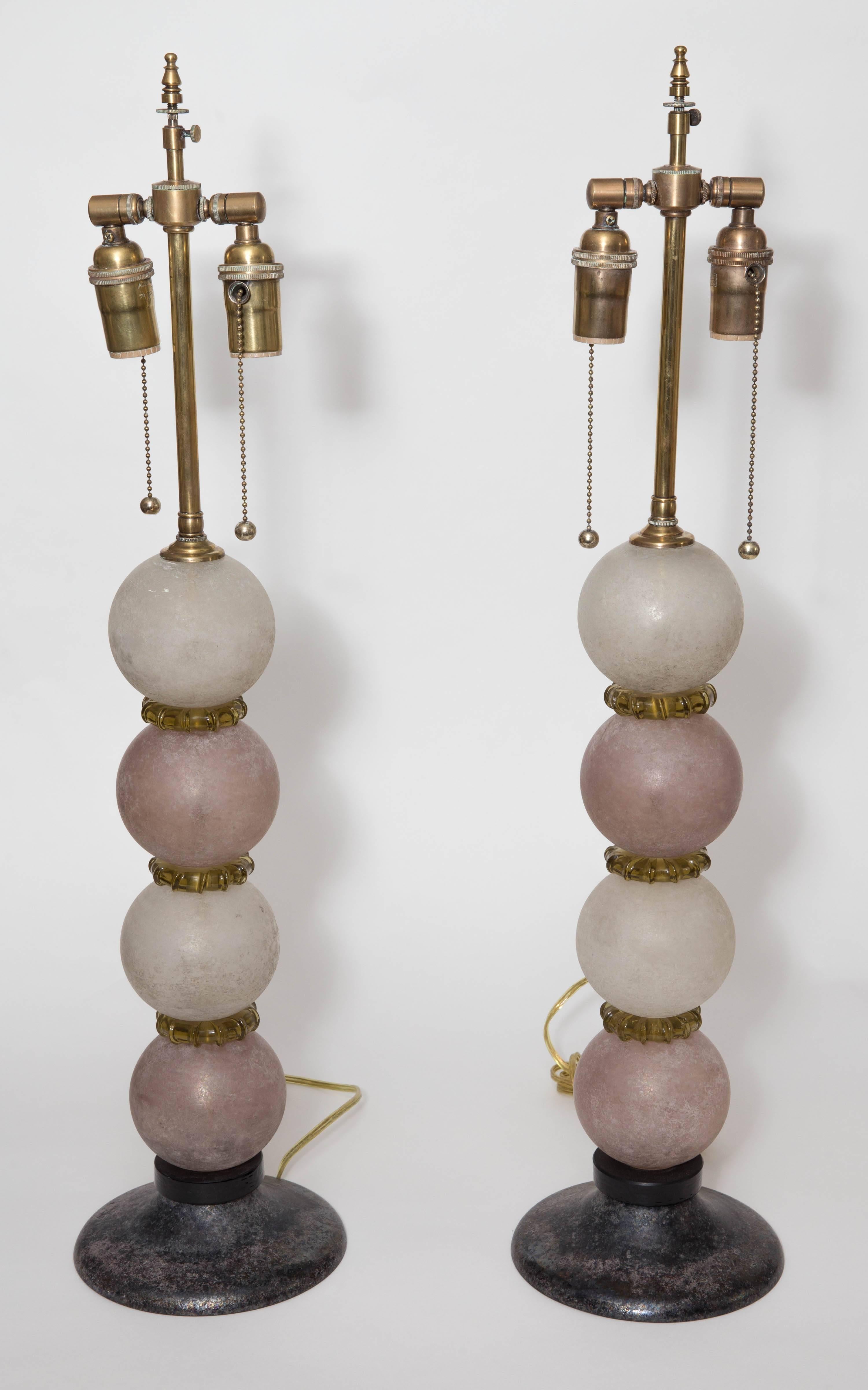 Pair of lavender and grey Scavo glass table lamps.