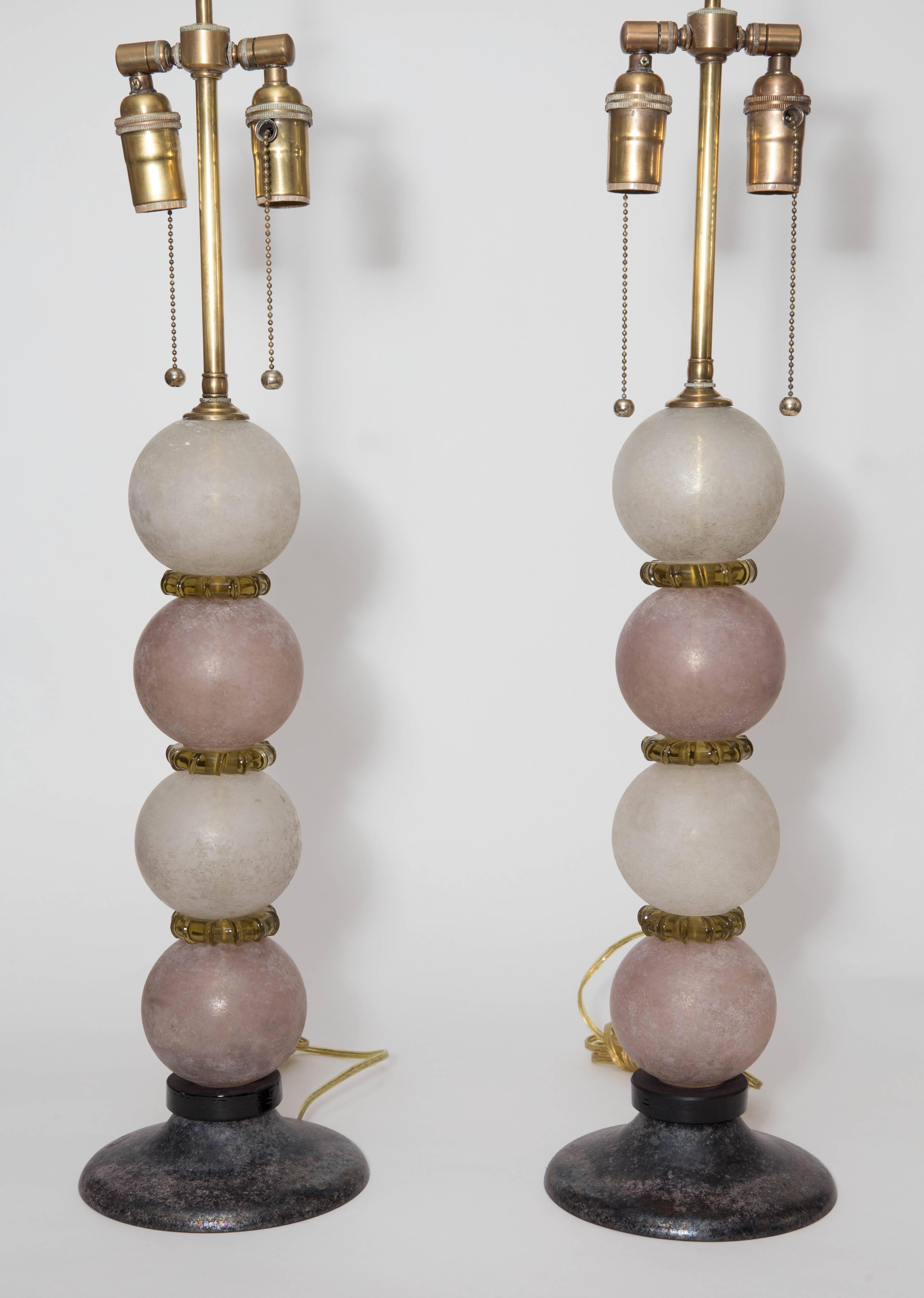 20th Century Pair of Lavender and Grey Scavo Glass Table Lamps