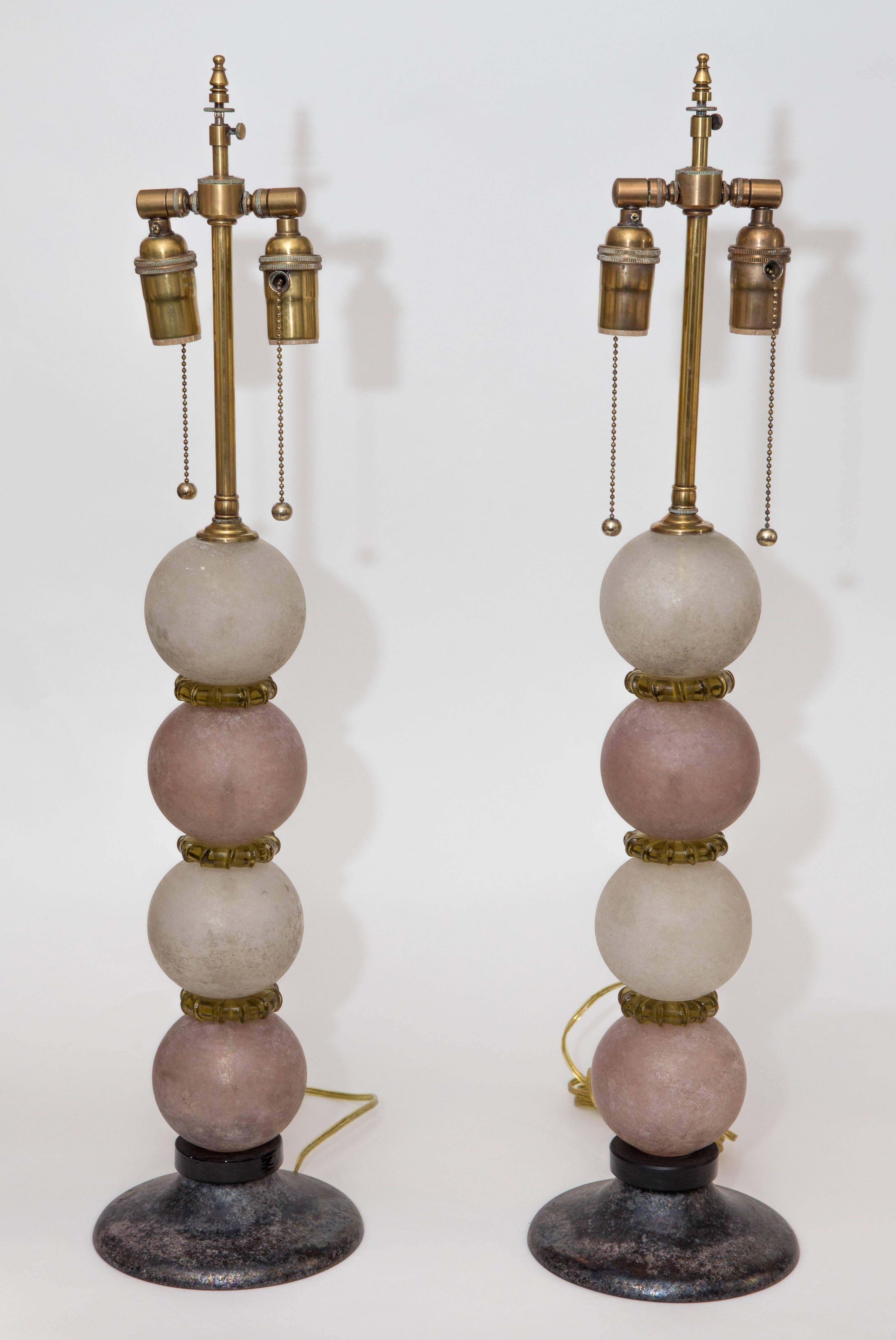 Brass Pair of Lavender and Grey Scavo Glass Table Lamps