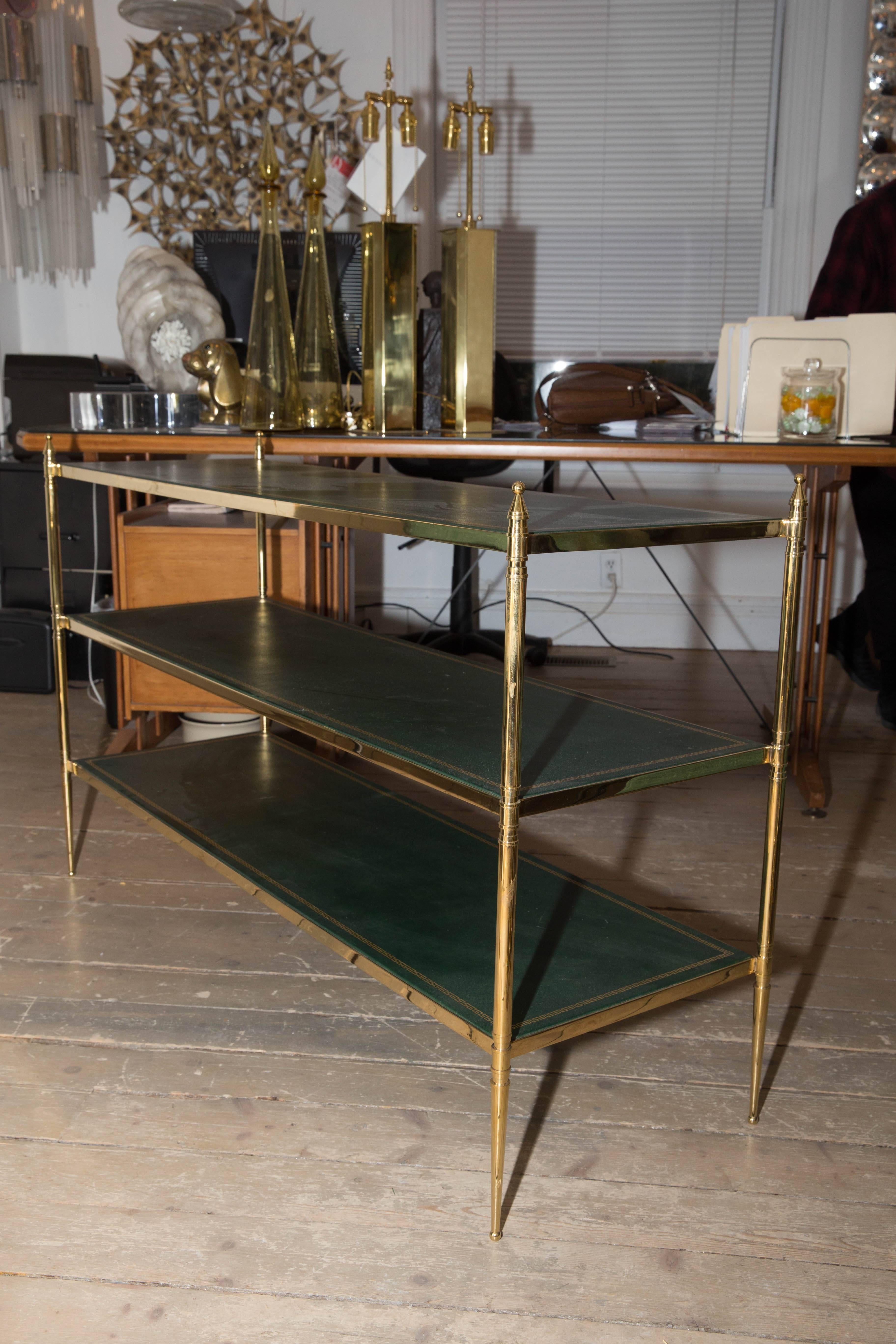Mid-Century Modern Three-Tier Brass Etagere with Green Tooled Leather Top