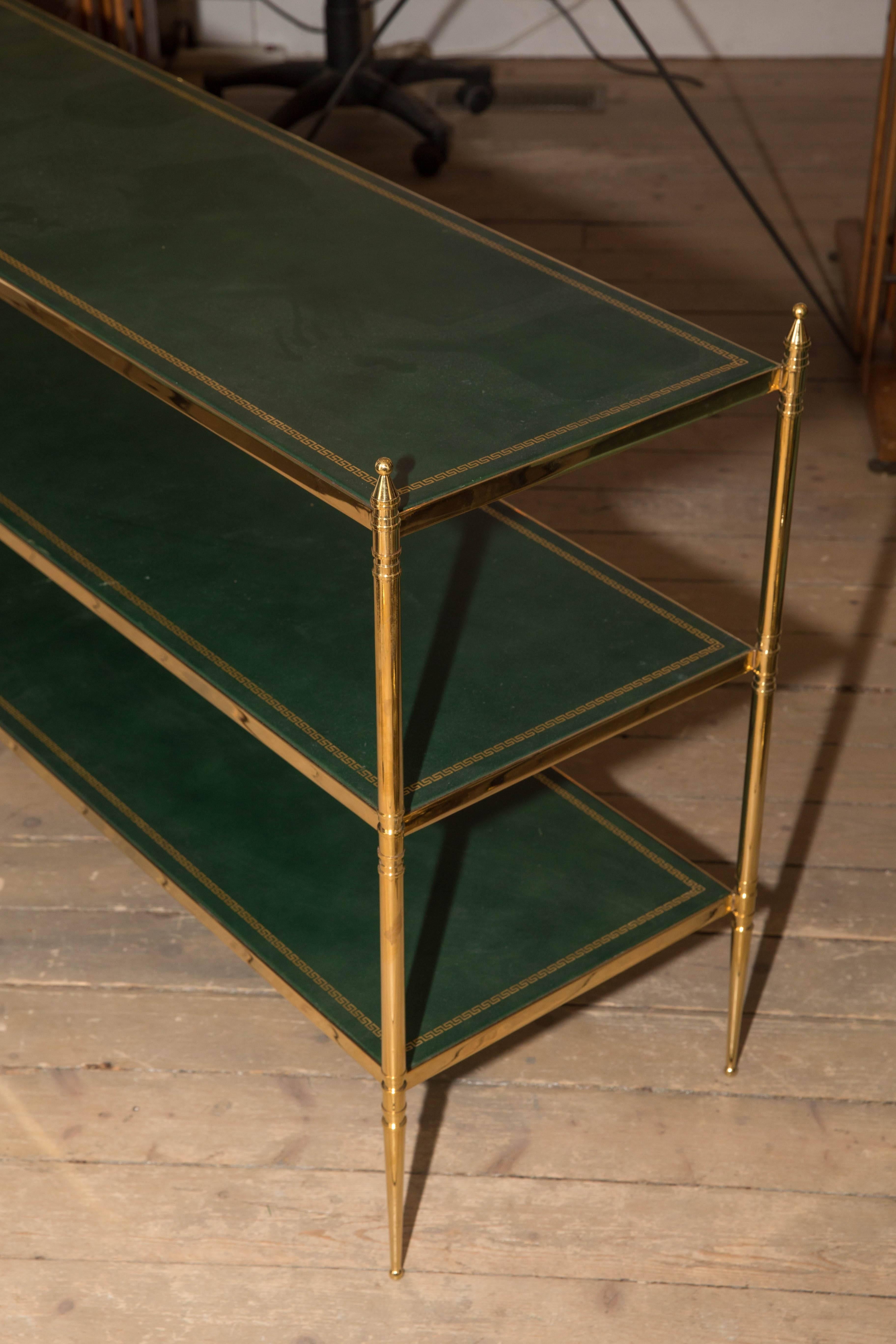 French Three-Tier Brass Etagere with Green Tooled Leather Top