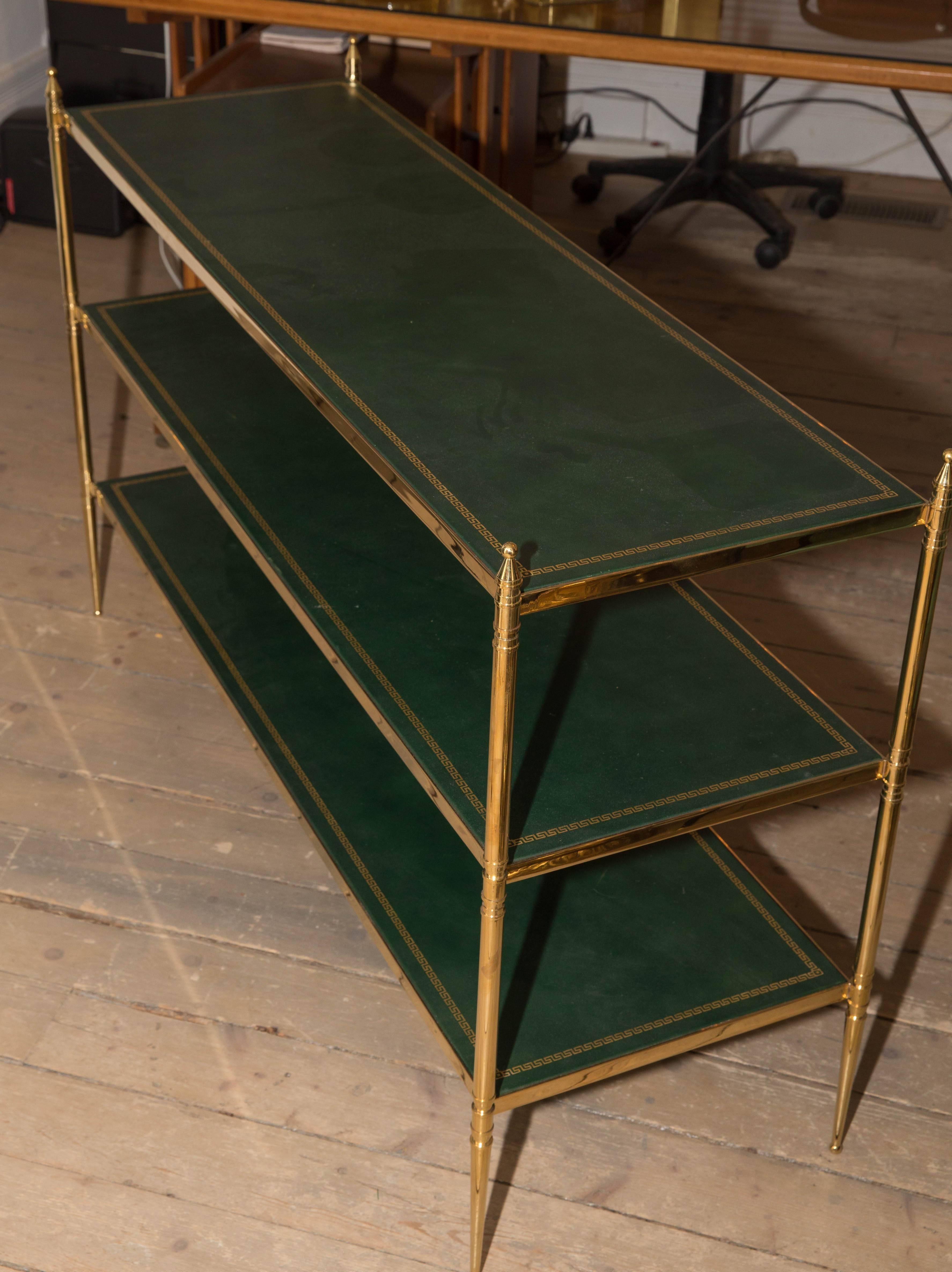 Three-Tier Brass Etagere with Green Tooled Leather Top In Excellent Condition In Bridgehampton, NY