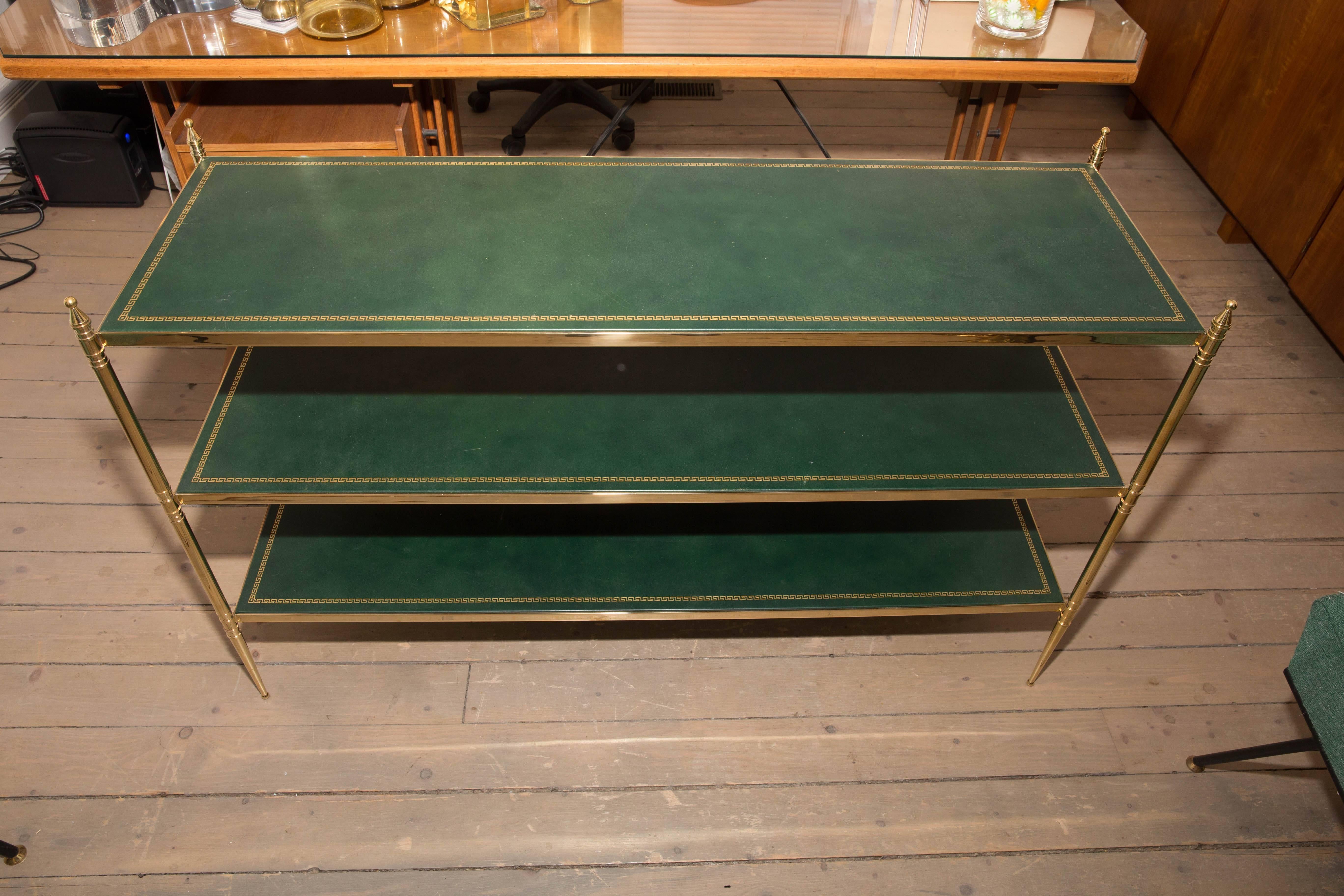 20th Century Three-Tier Brass Etagere with Green Tooled Leather Top
