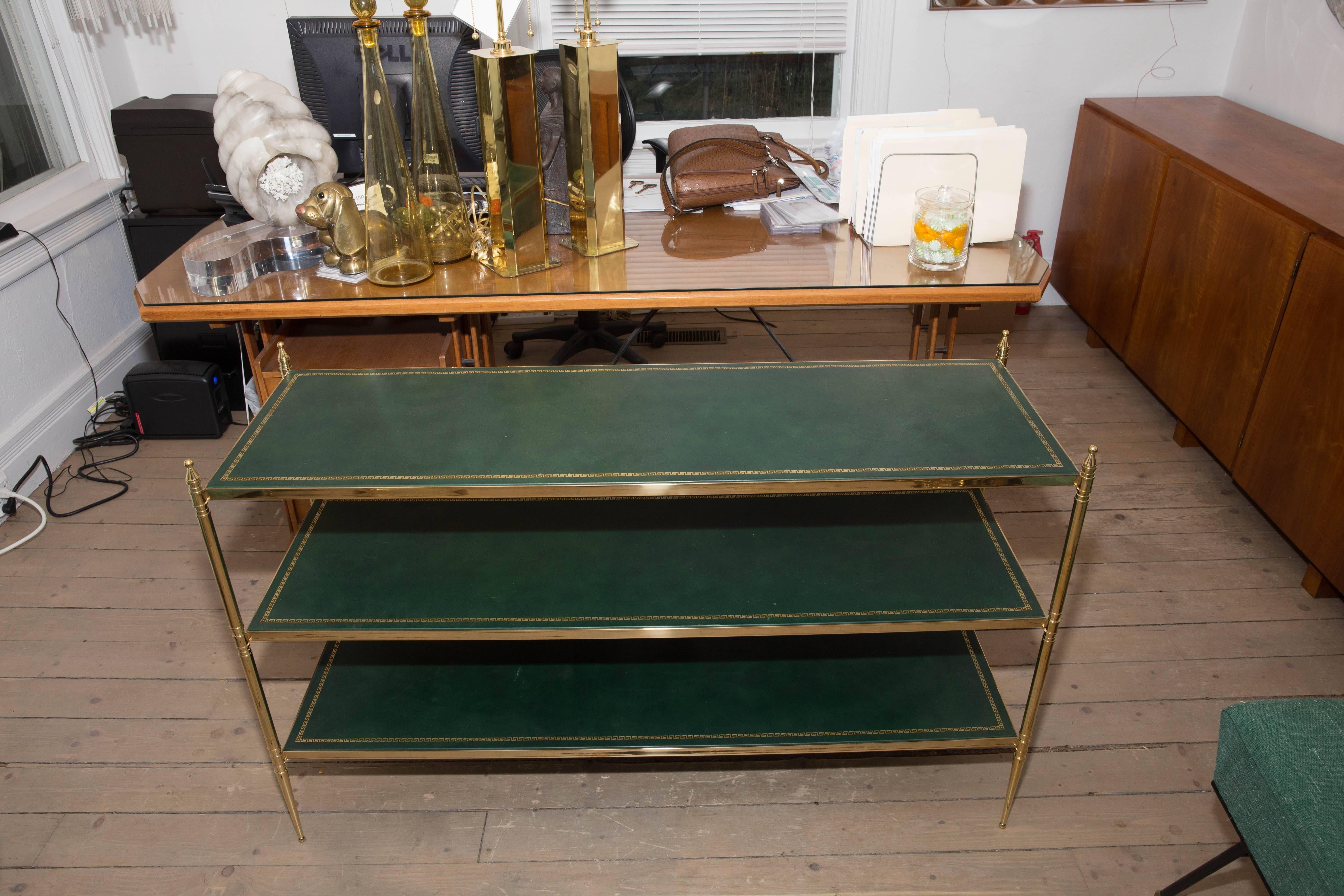 Three-Tier Brass Etagere with Green Tooled Leather Top 1