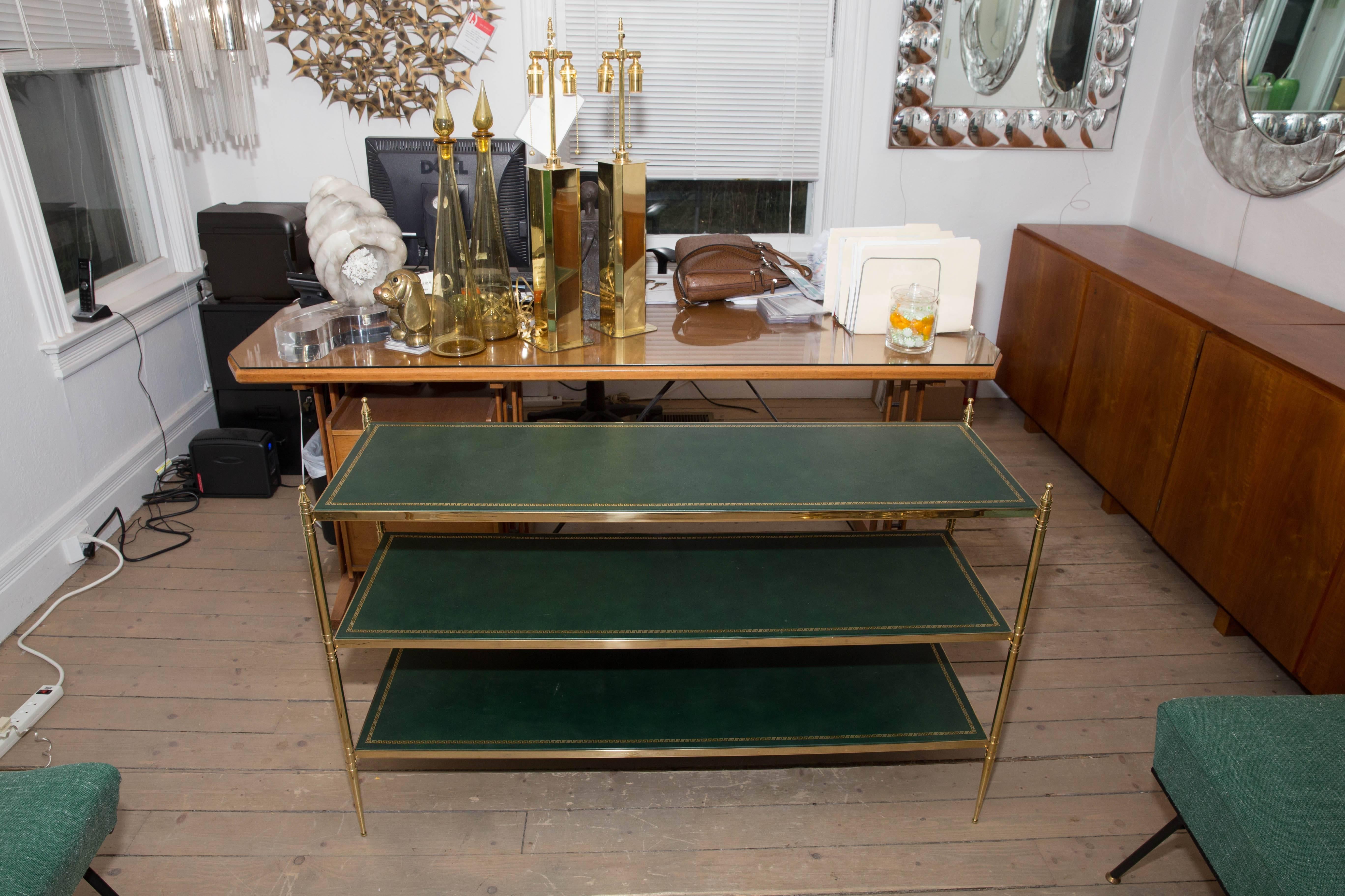 Three-Tier Brass Etagere with Green Tooled Leather Top 2