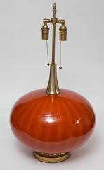 Pair of Orange Murano Glass Orb Shaped Lamps with Brass Detail