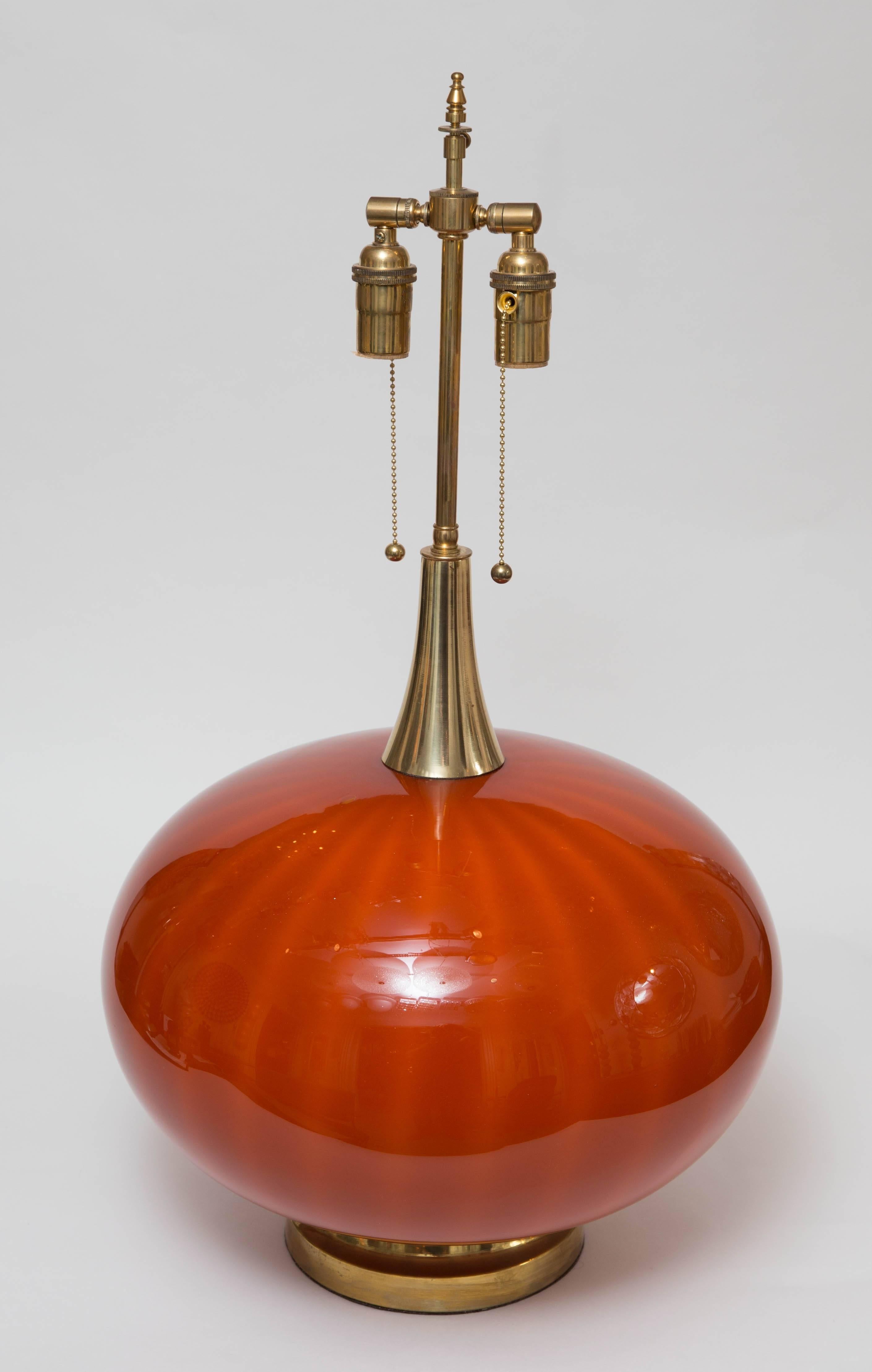 Pair of Orange Murano Glass Orb Shaped Lamps with Brass Detail 2