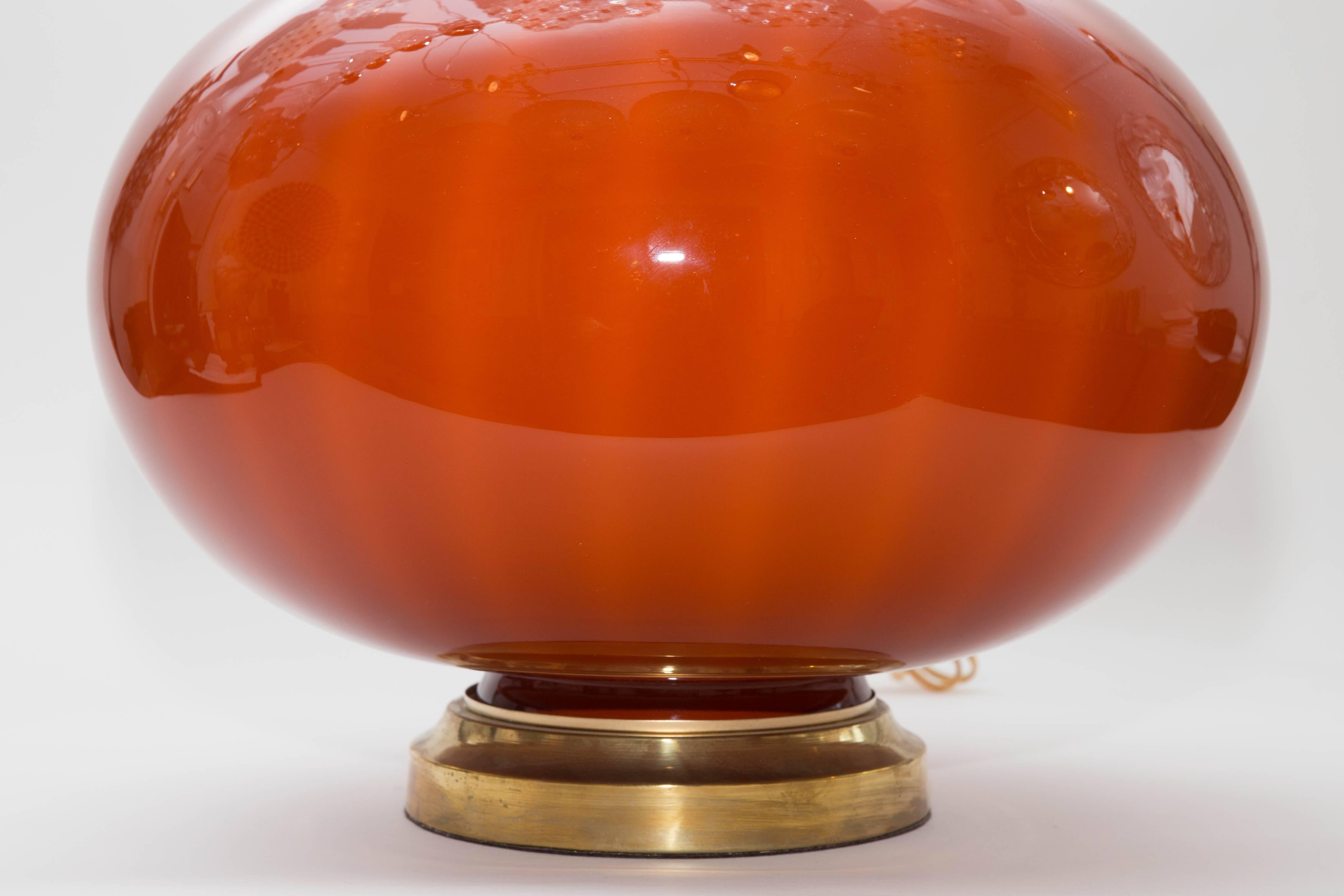 Italian Pair of Orange Murano Glass Orb Shaped Lamps with Brass Detail