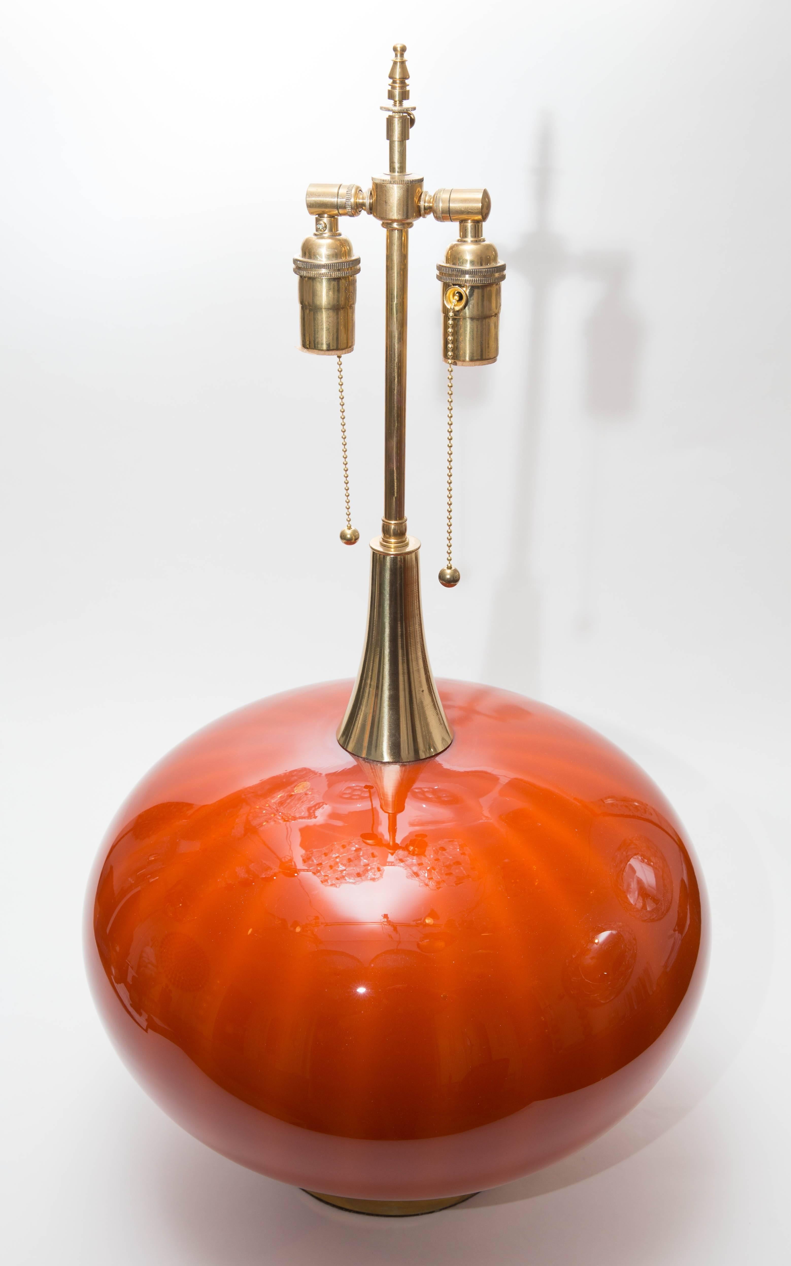 20th Century Pair of Orange Murano Glass Orb Shaped Lamps with Brass Detail