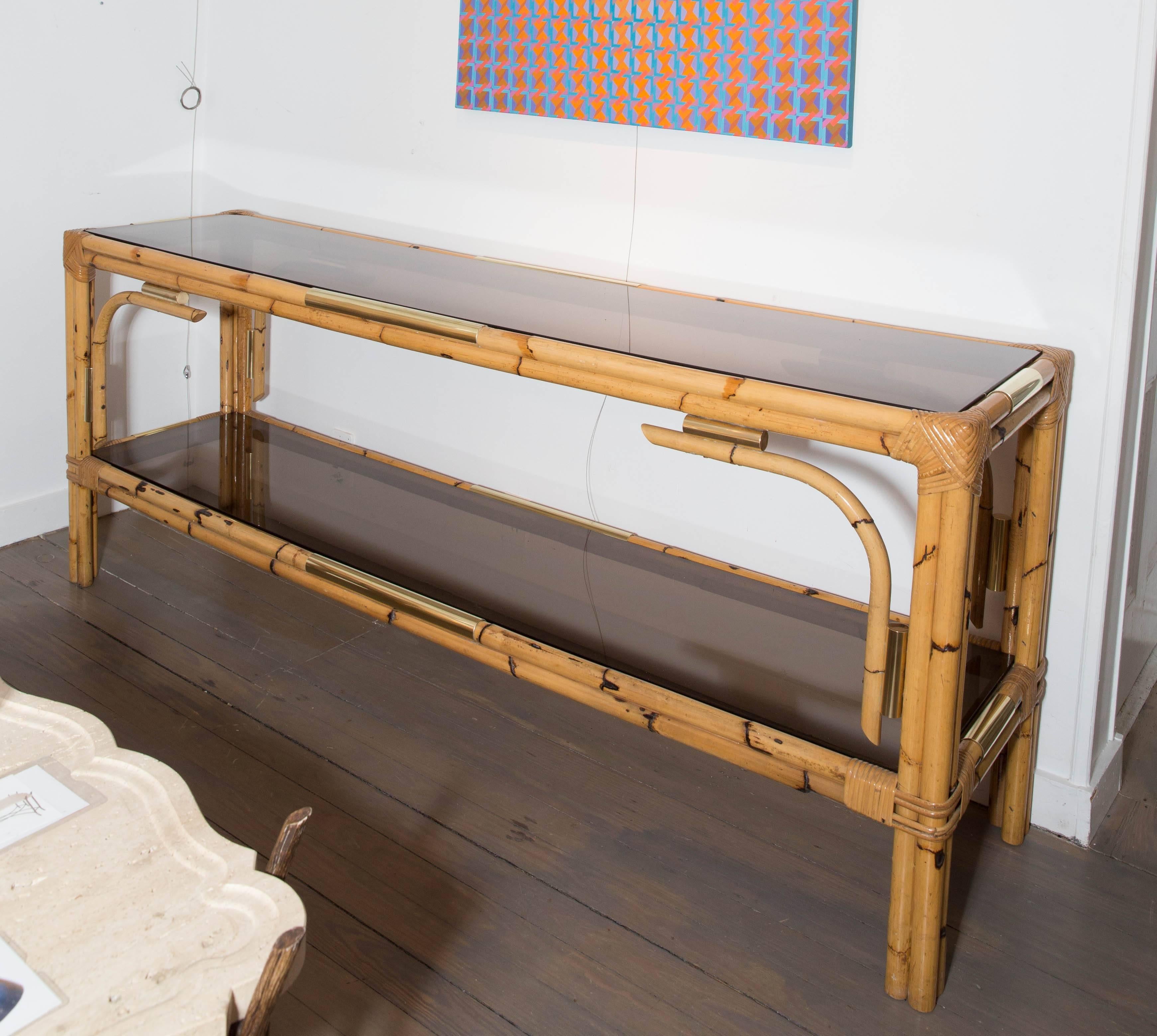 Mid-Century Modern Bamboo Console Table with Two Tinted Glass Shelves and Brass Detail
