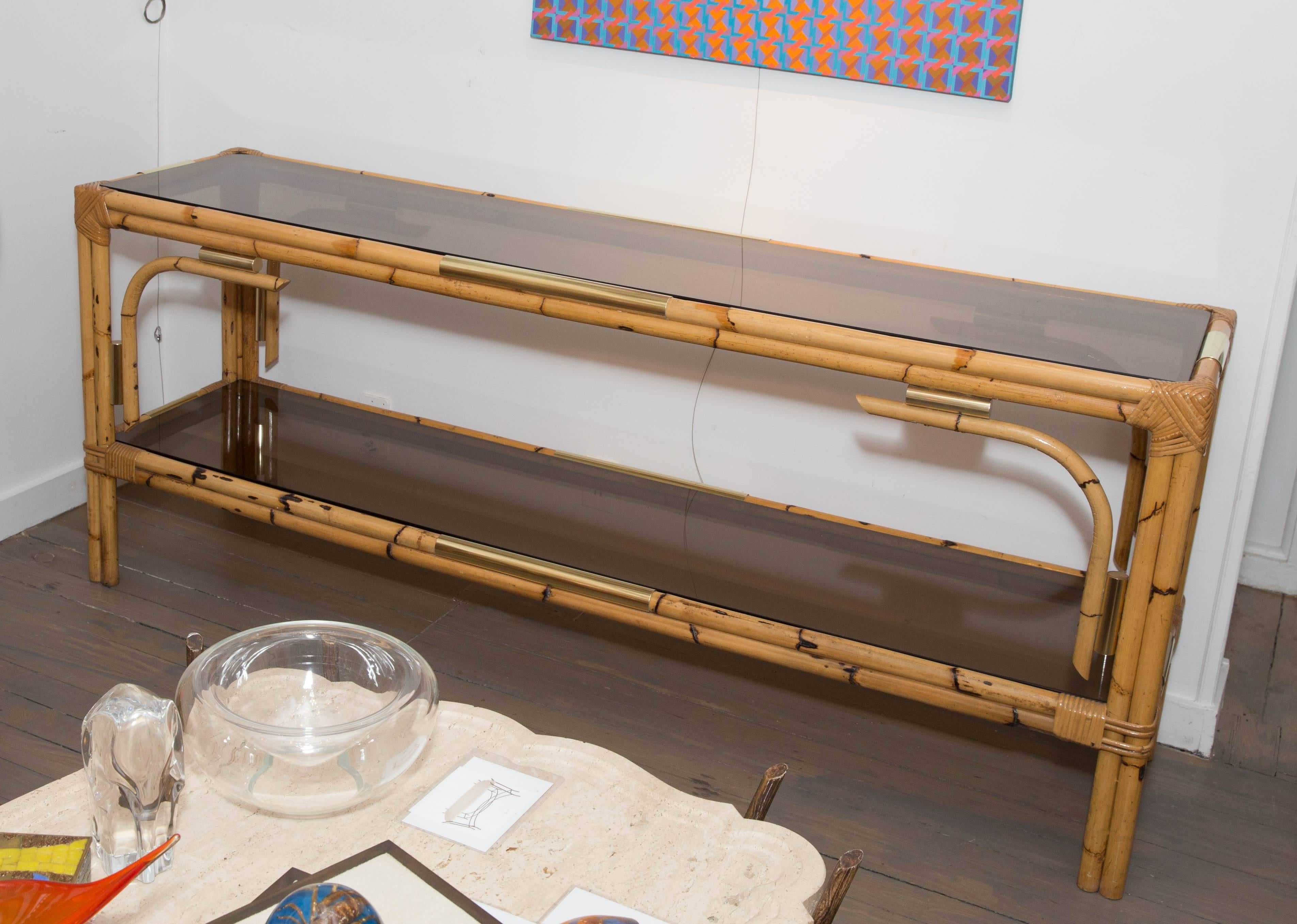 Italian Bamboo Console Table with Two Tinted Glass Shelves and Brass Detail