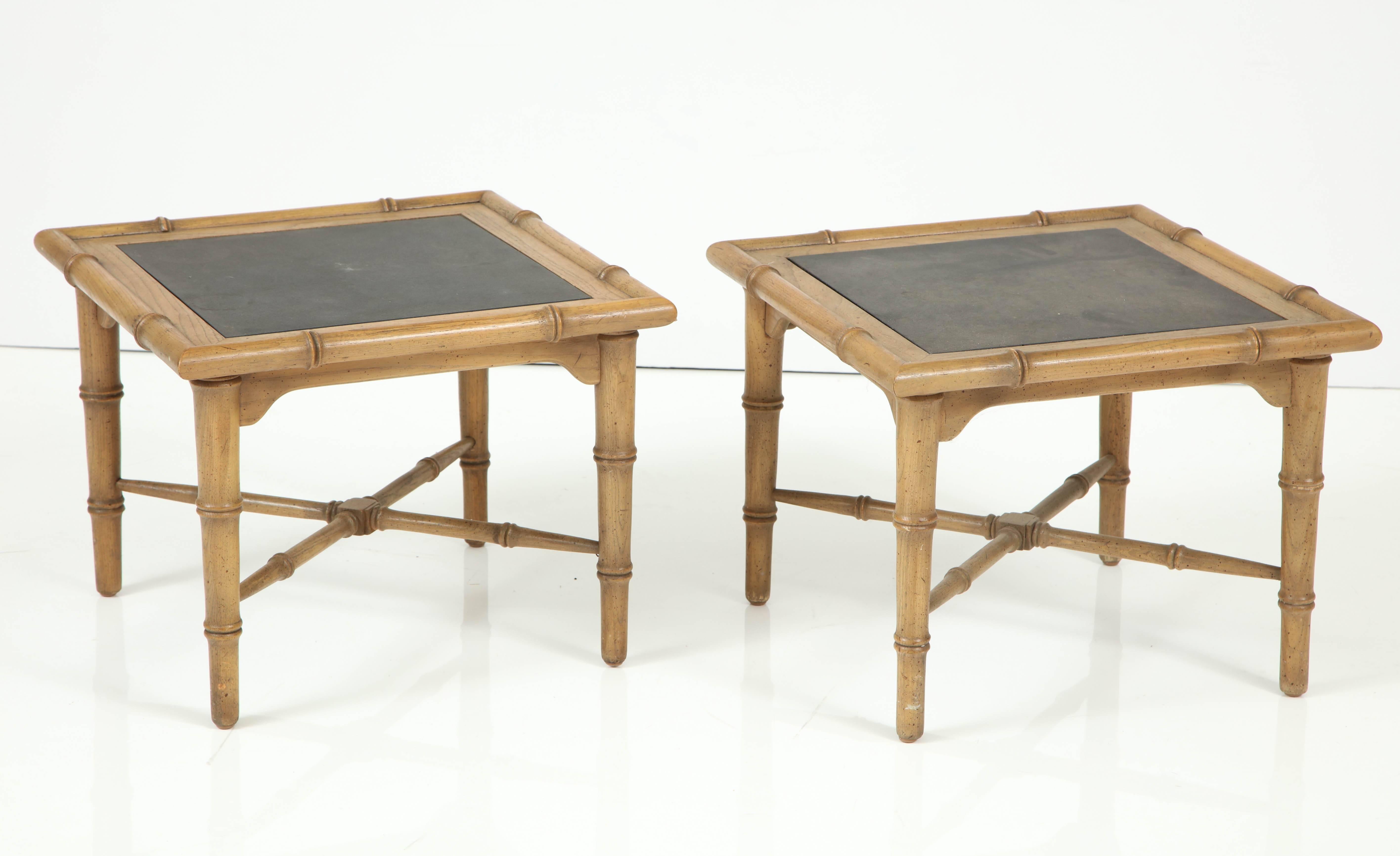 Faux bBamboo side tables with slate tops, USA, 1960s. Can be refinished in a different color on request.