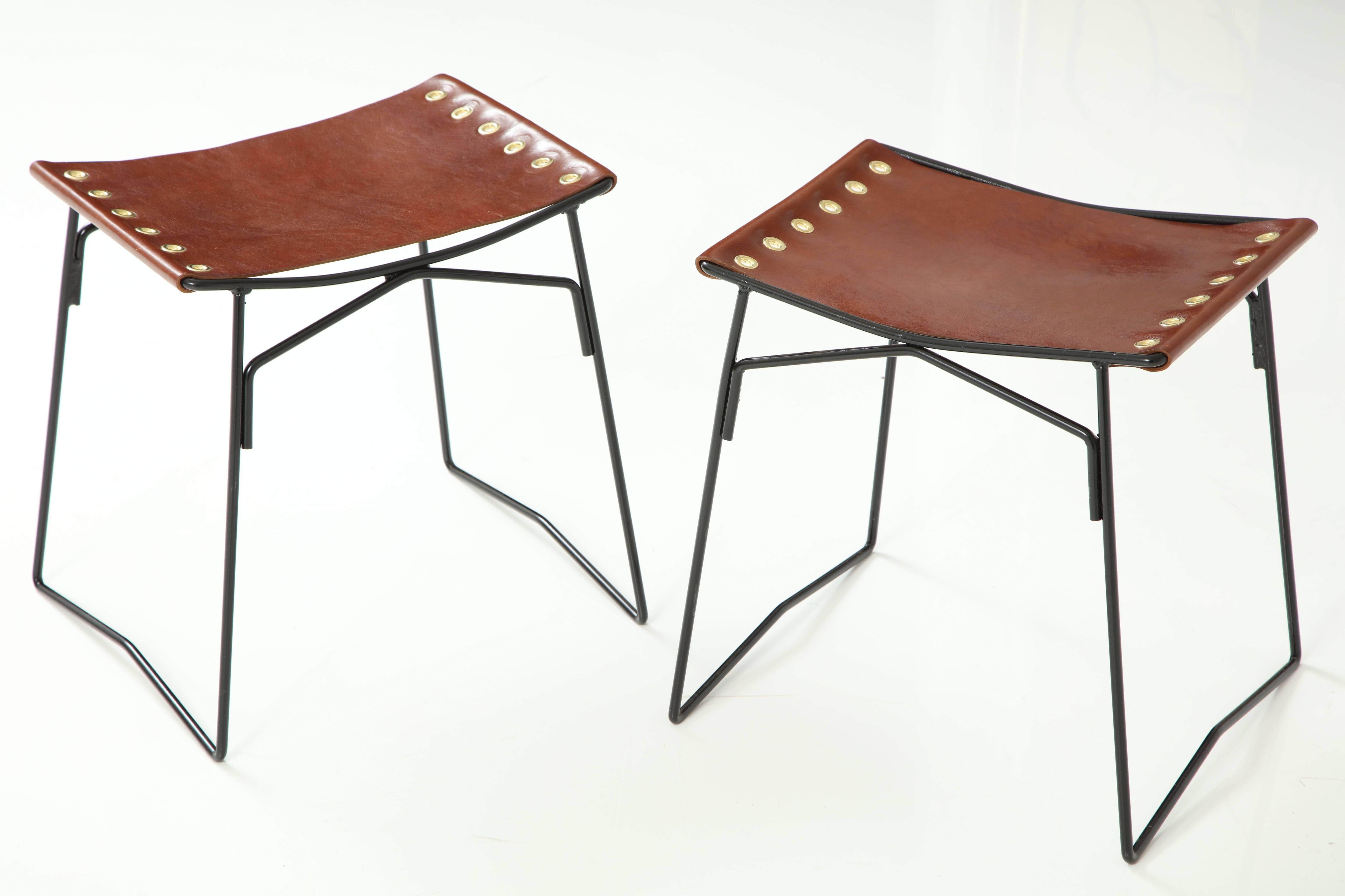 Mid-Century Modern Pair of Leather Stools with Riveted Slings For Sale