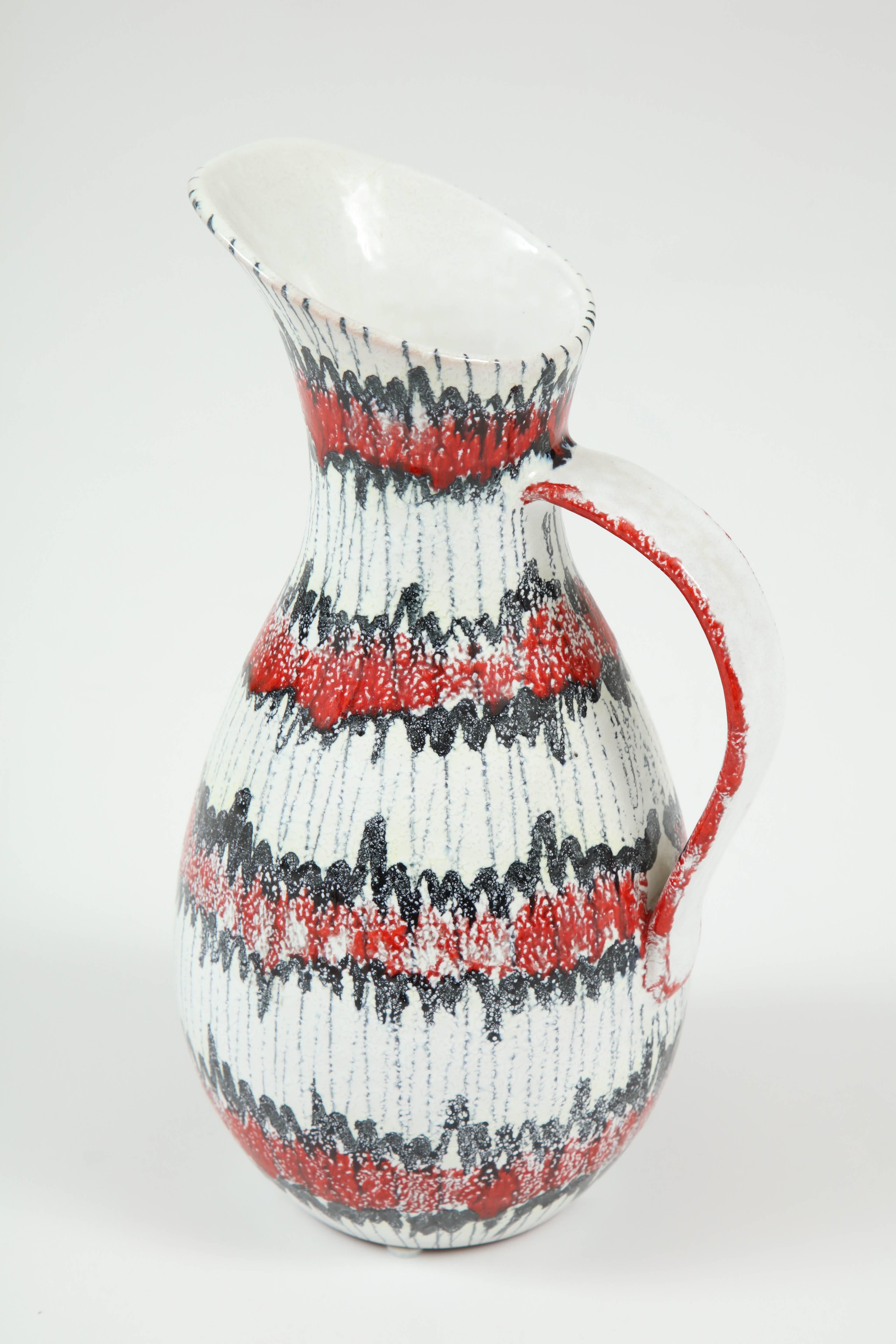 Mid-Century Modern Ceramic Pitcher, Red, White and Black, Italy, Midcentury, C 1950, Ceramic For Sale