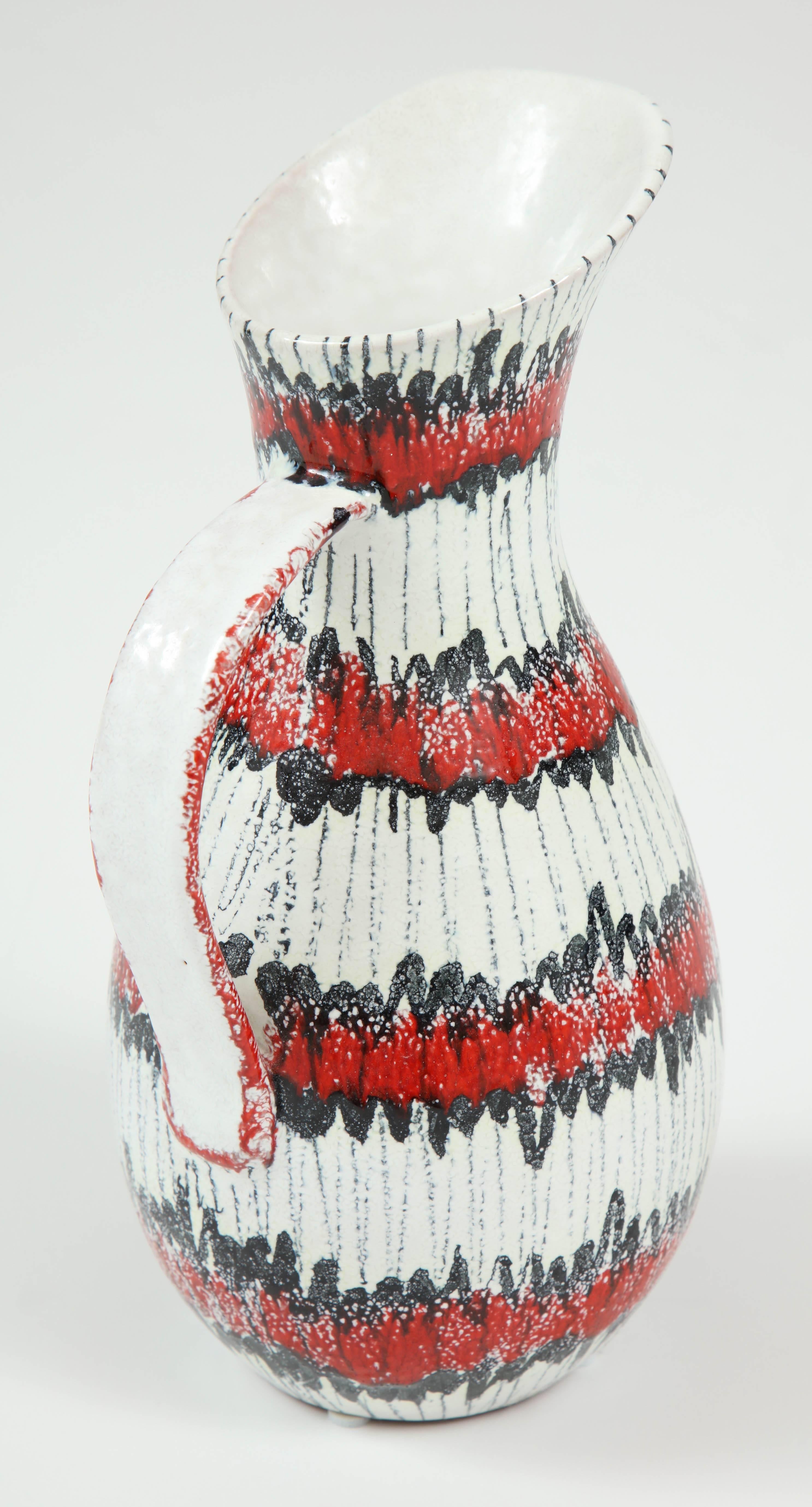 Mid-20th Century Ceramic Pitcher, Red, White and Black, Italy, Midcentury, C 1950, Ceramic For Sale