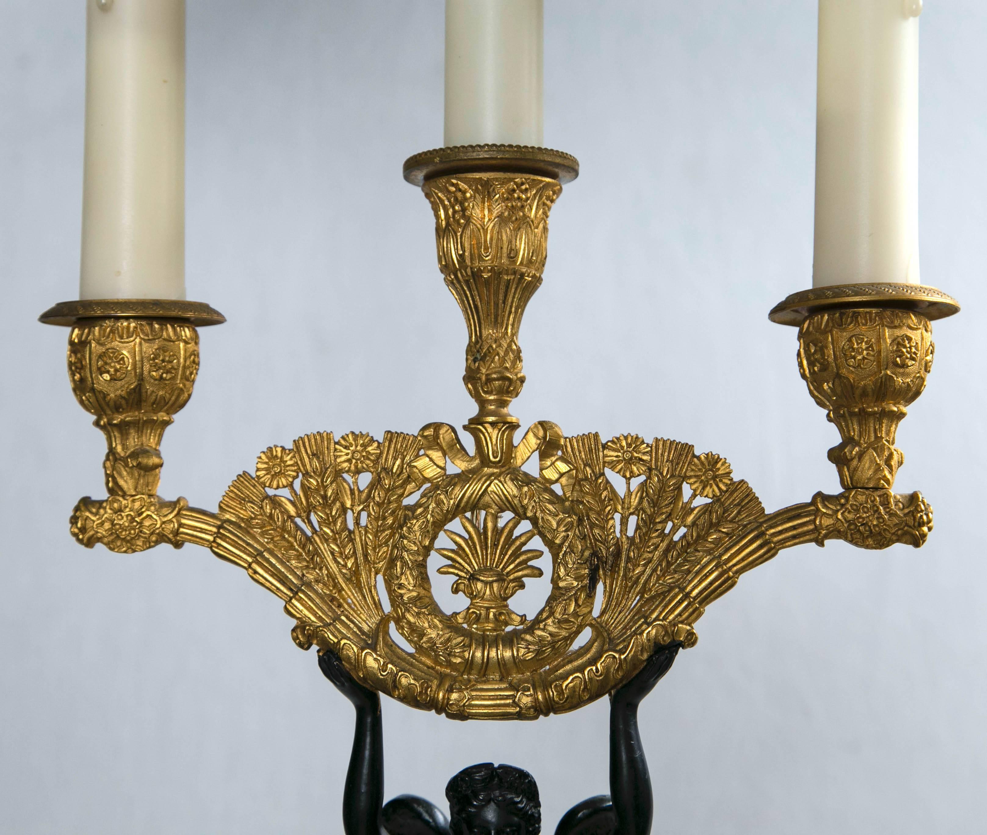 Pair of Empire Style Patinated and Gilt Bronze Lamps For Sale 1