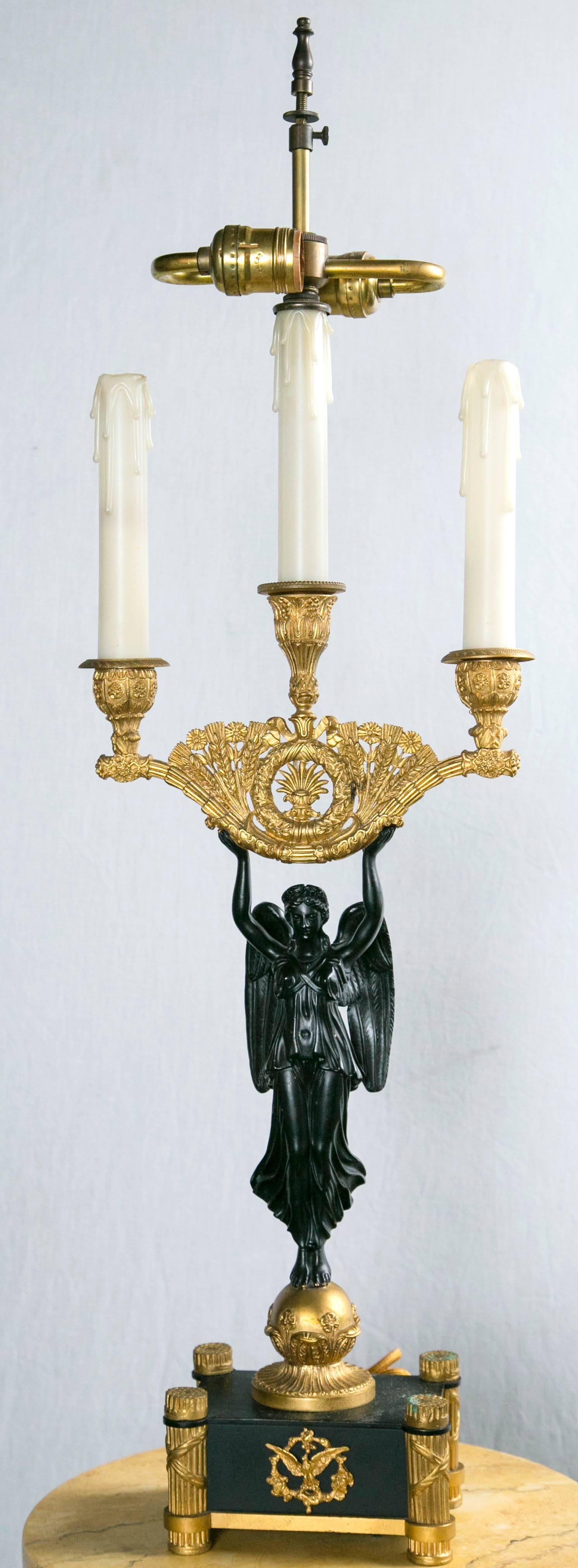 Pair of Empire Style Patinated and Gilt Bronze Lamps For Sale 3