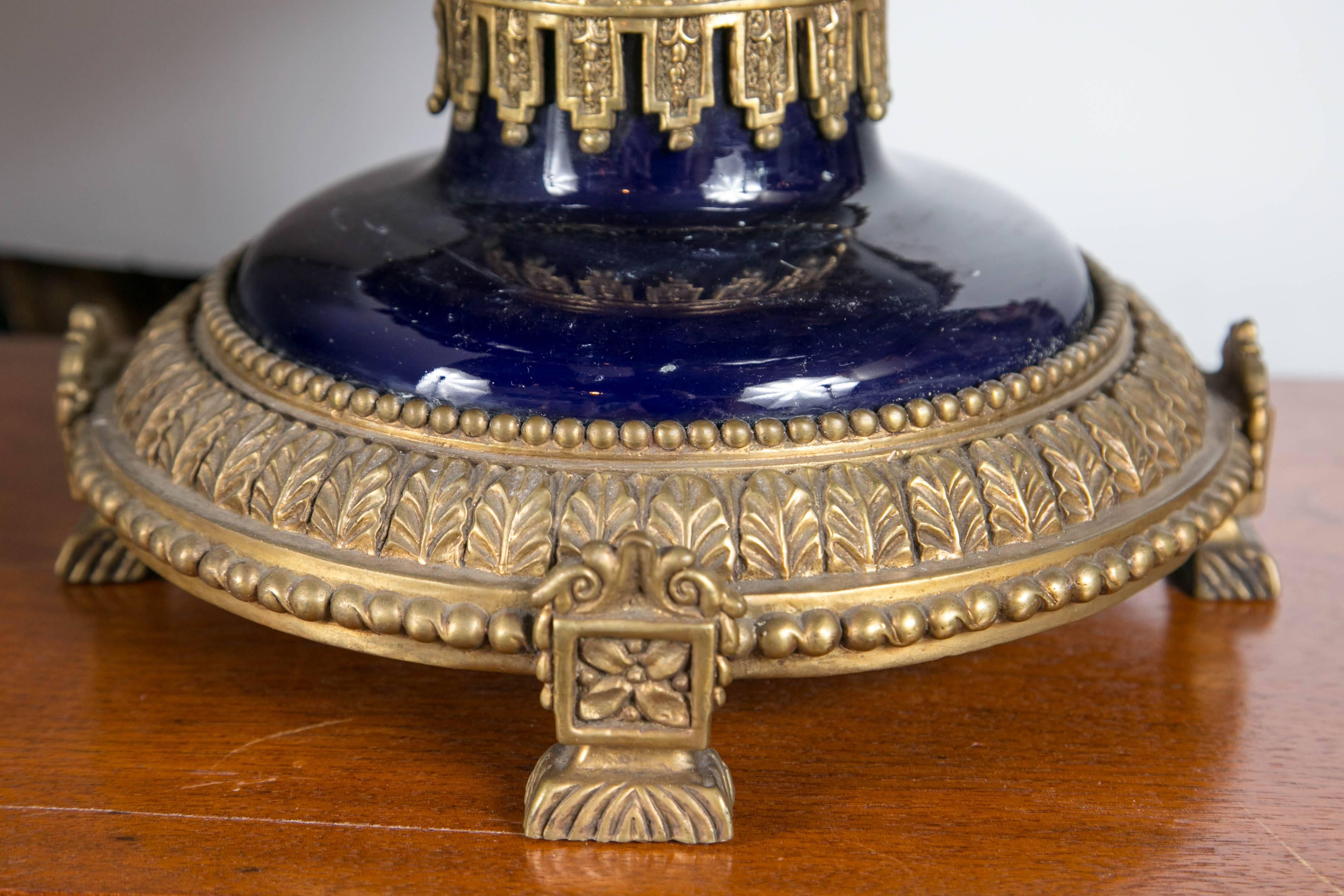 European Cobalt Blue Porcelain and Bronze Center Piece