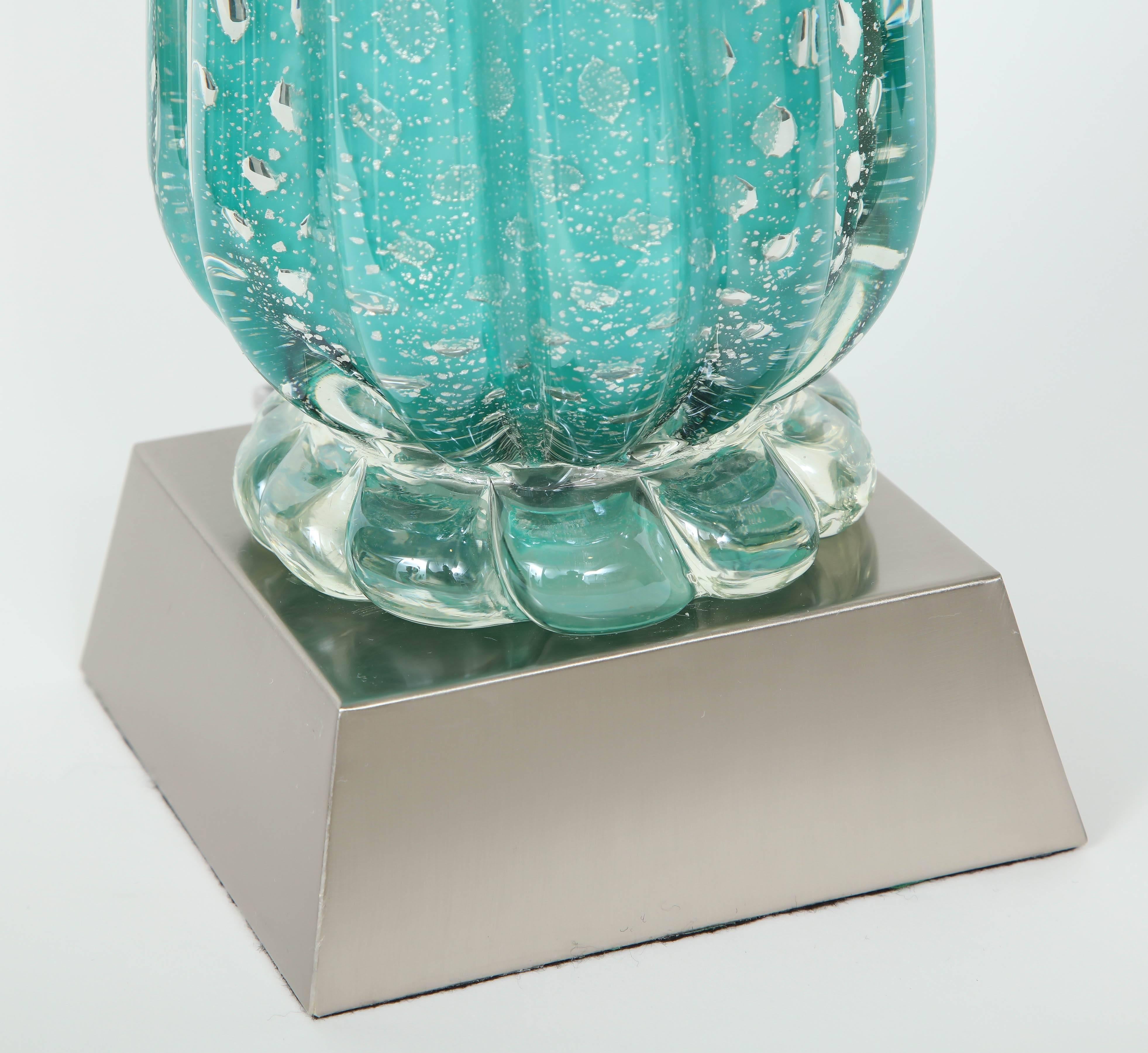 Barovier Turquoise Murano Glass Lamps In Excellent Condition In New York, NY