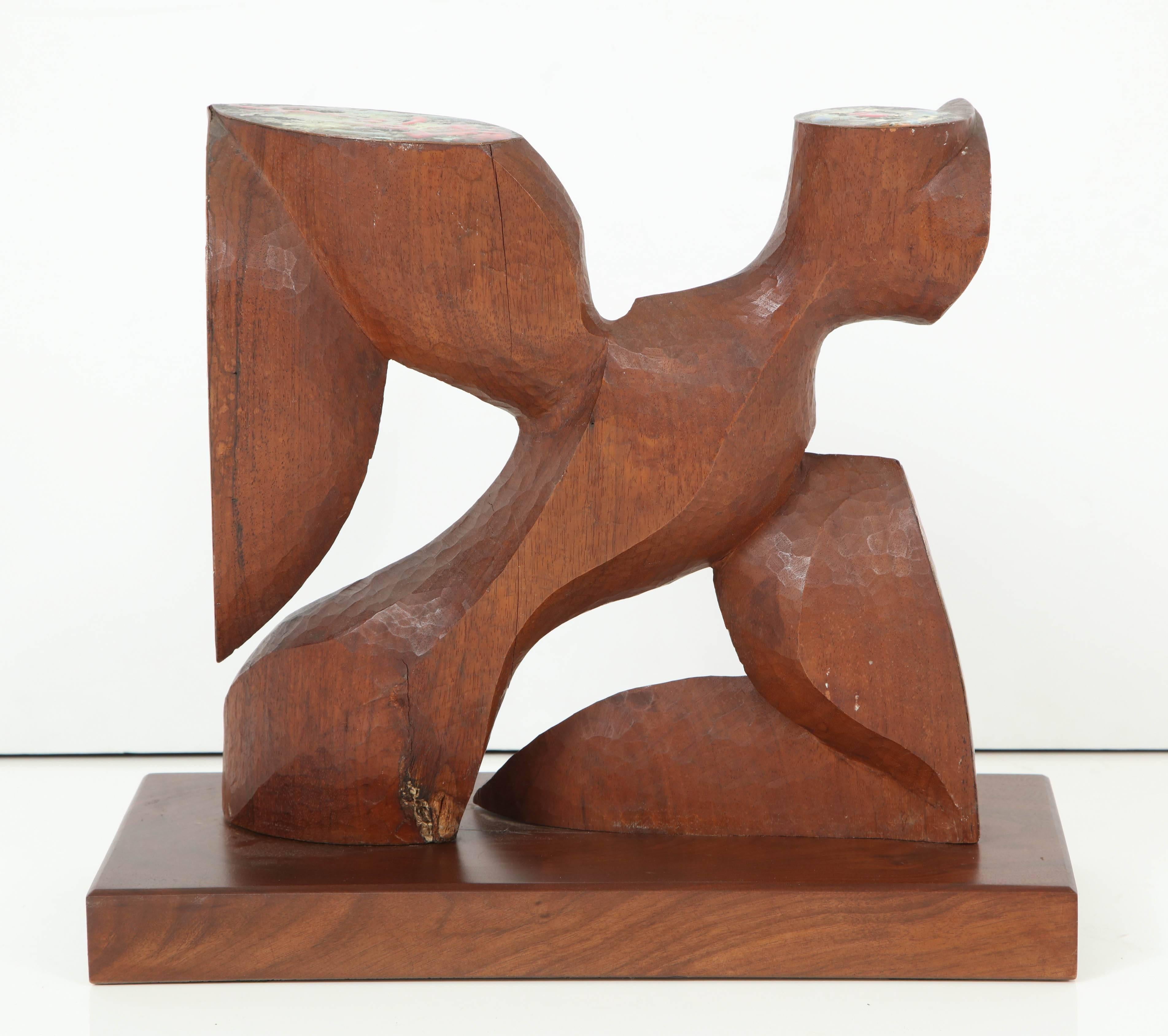 Abstract carved walnut tabletop sculpture with enamelled copper appliqués mounted on walnut base. Attributed to Frank Kyle (USA/Mexico 1914-1992).