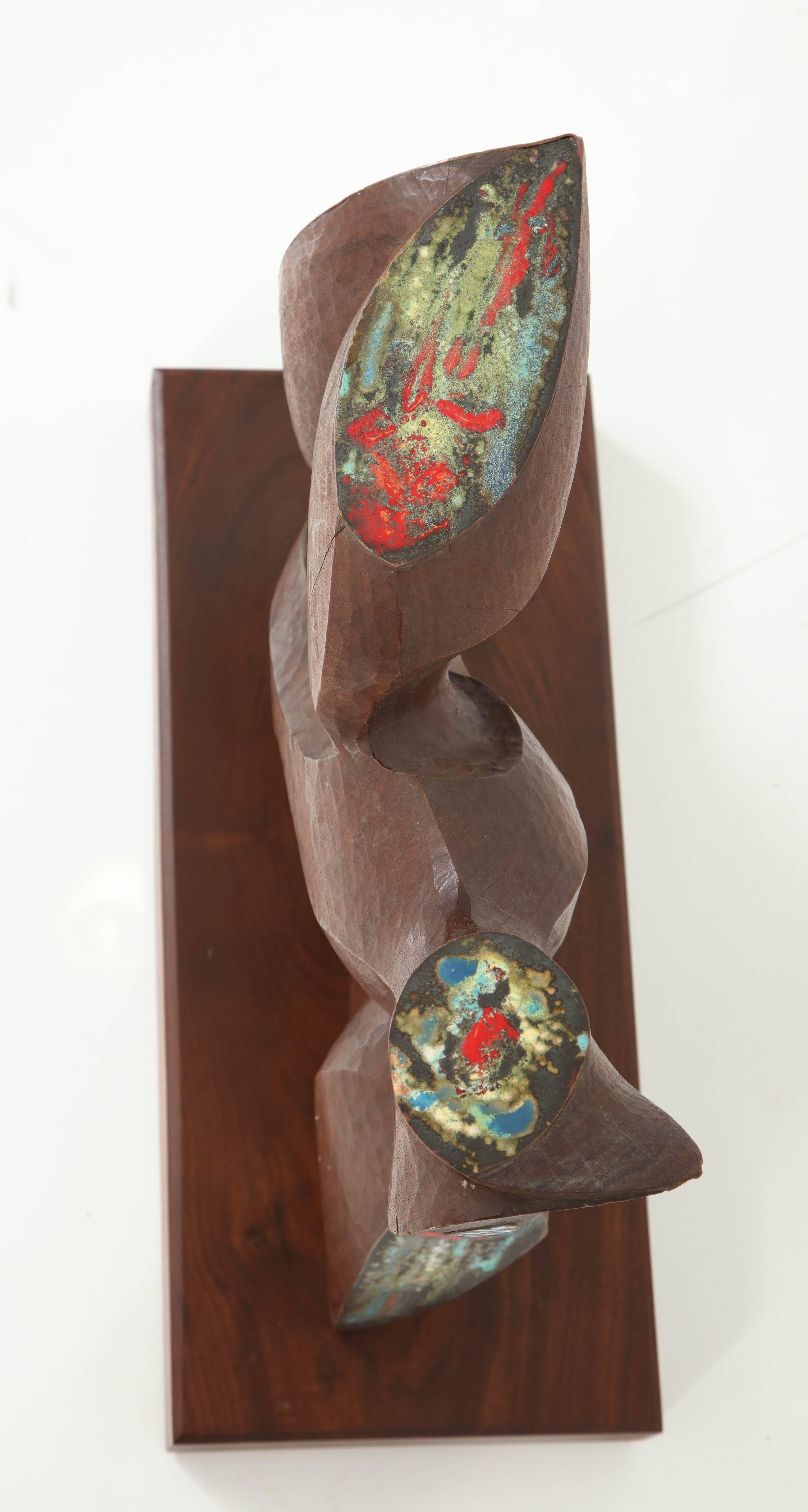 Copper Abstract Carved Enamelled Tabletop Sculpture Attributed Frank Kyle For Sale