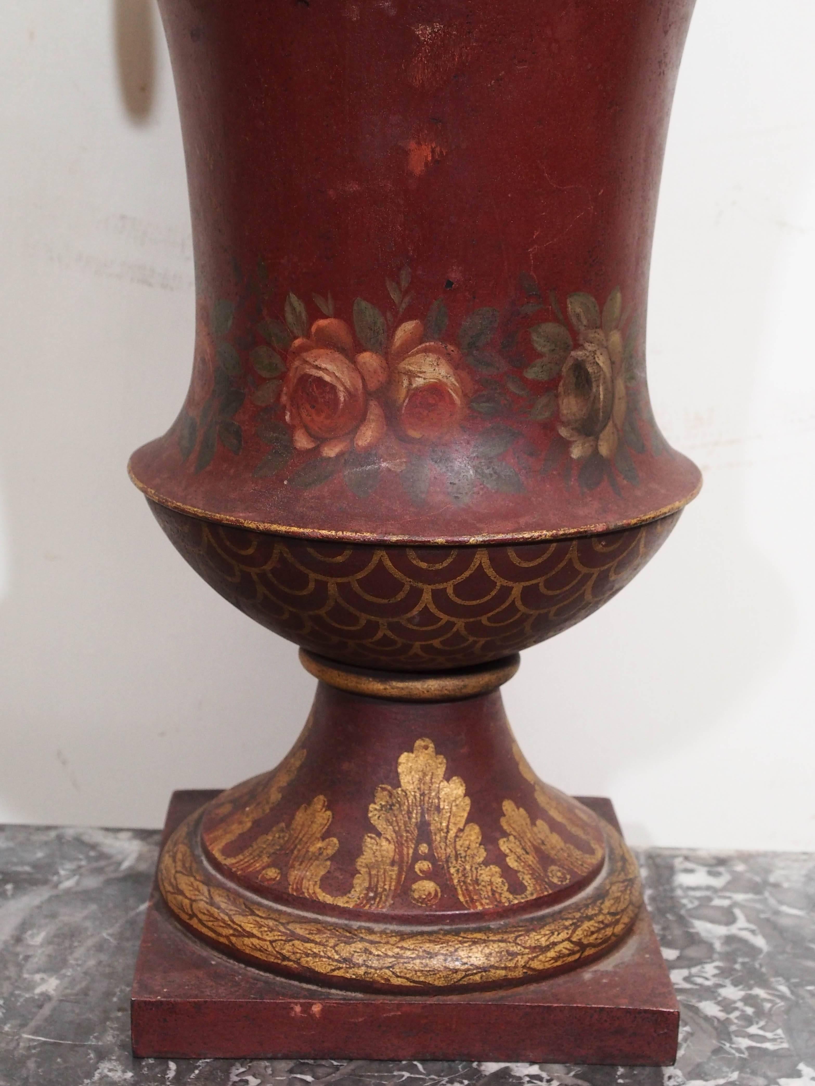 French Painted Tole Covered Urn In Good Condition For Sale In Natchez, MS